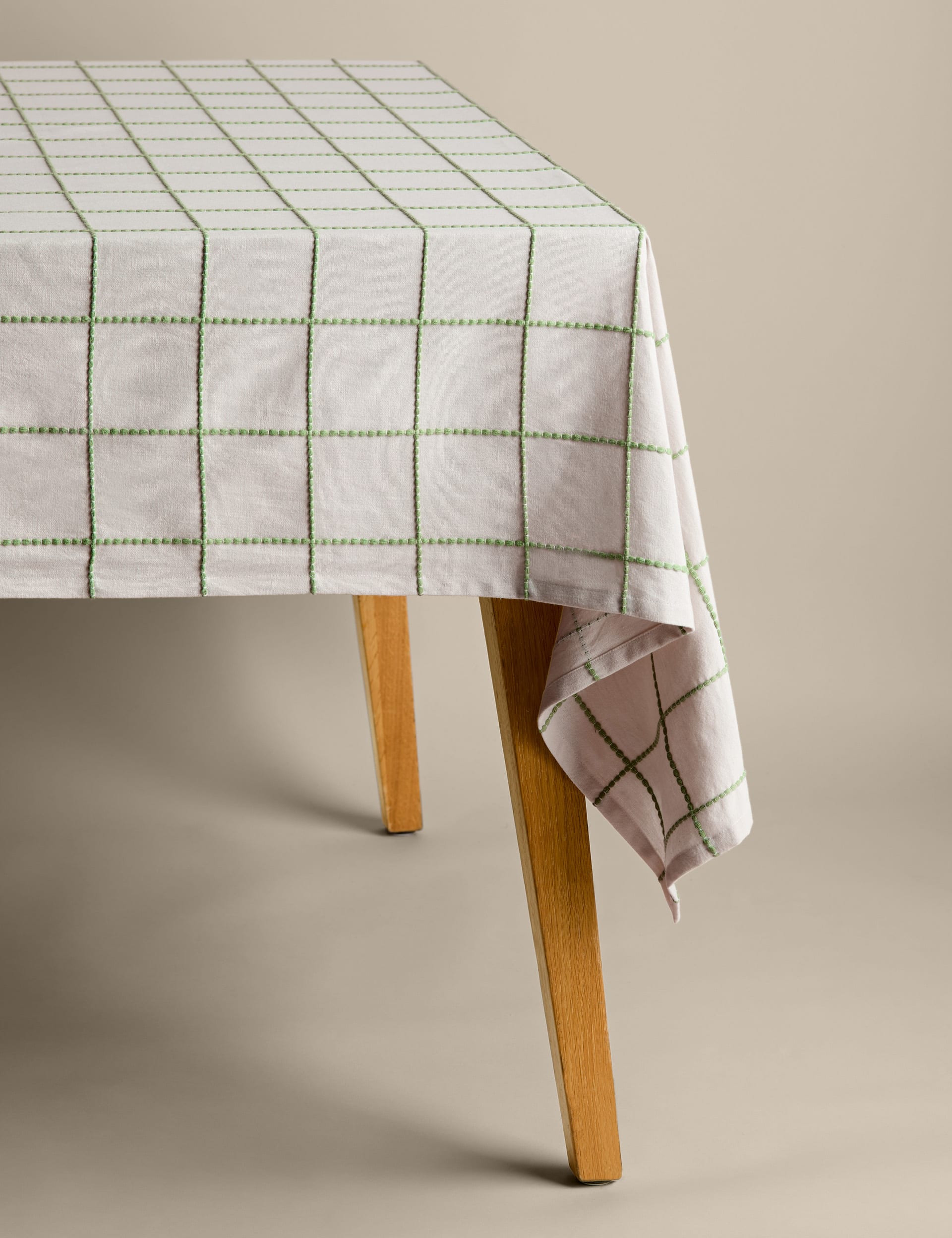 M&S Collection Pure Cotton Woven Checked Tablecloth - Green, Green