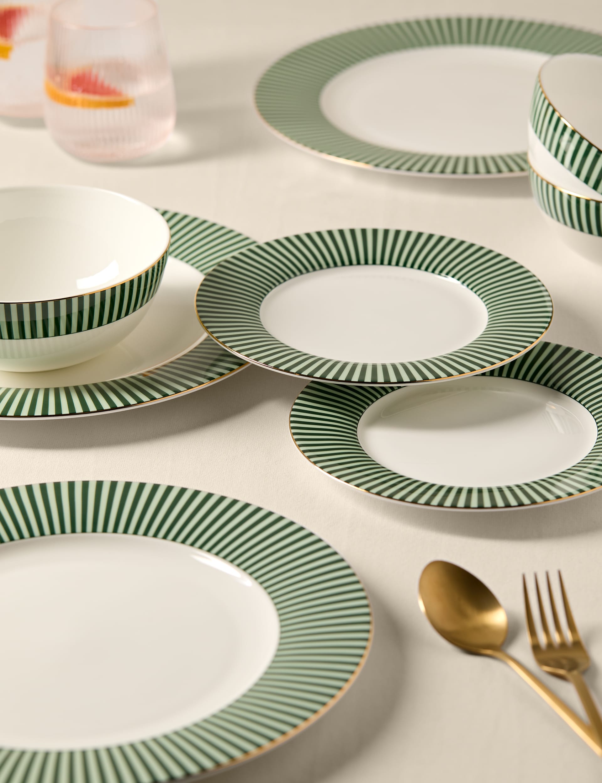 M&S Collection 12 Piece Hampton Dinner Set - Green, Green,Grey Mix,Pink