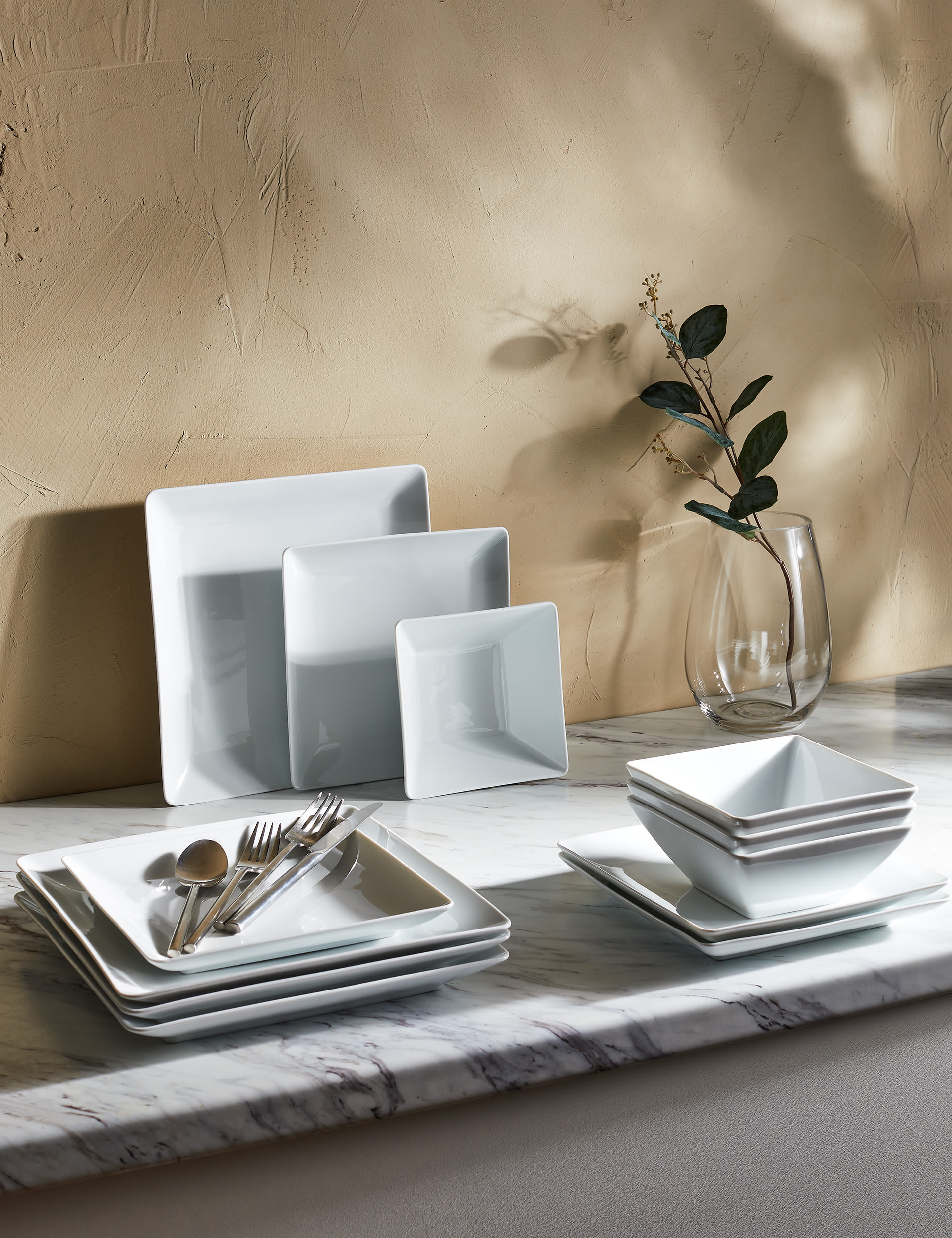 M&S Collection 12 Piece Maxim Square Dinner Set - White, White