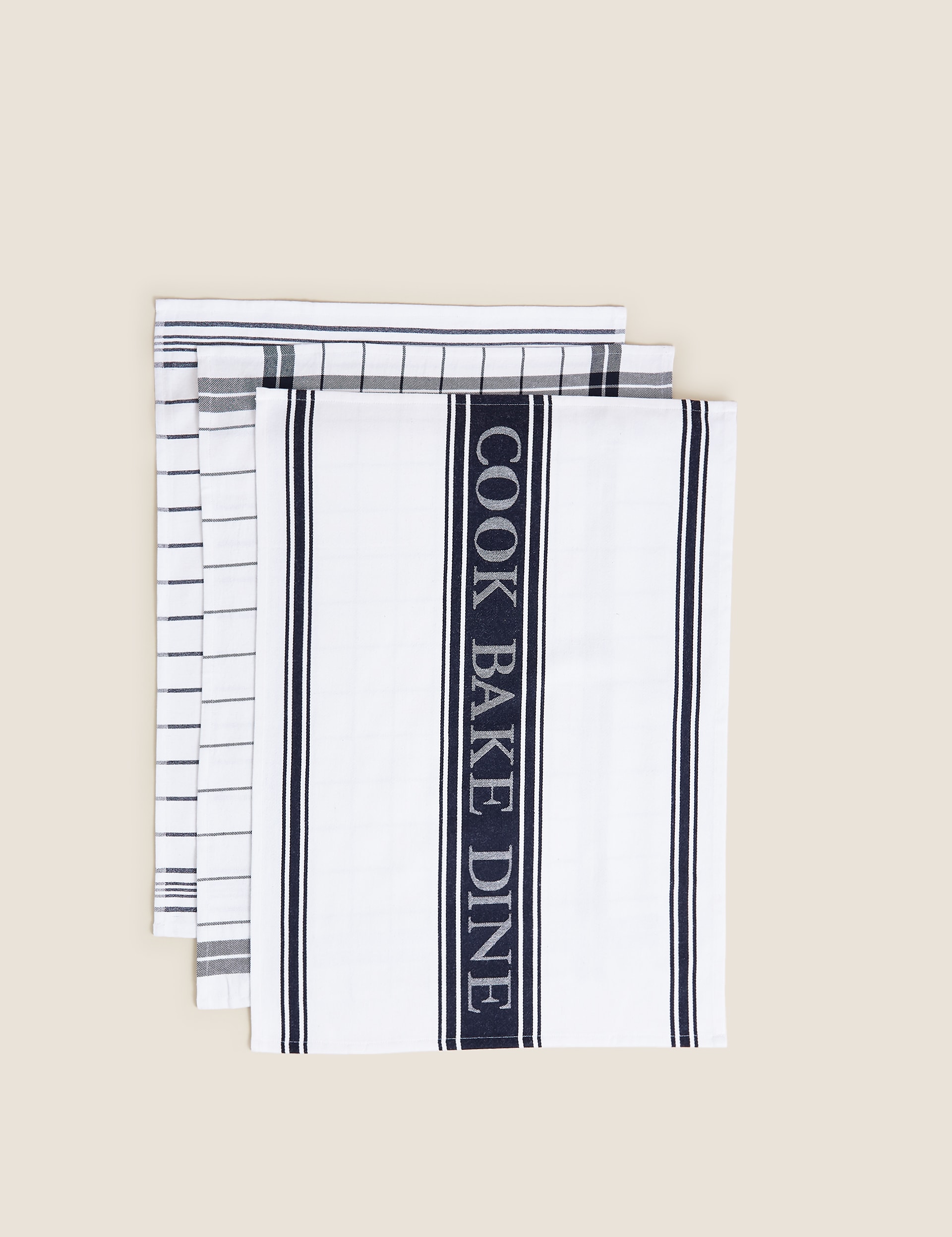 M&S Collection Set of 3 Cotton Rich Striped Tea Towels - Dark Grey, Dark Grey,Neutral,Blue,Dark Green,Terracotta