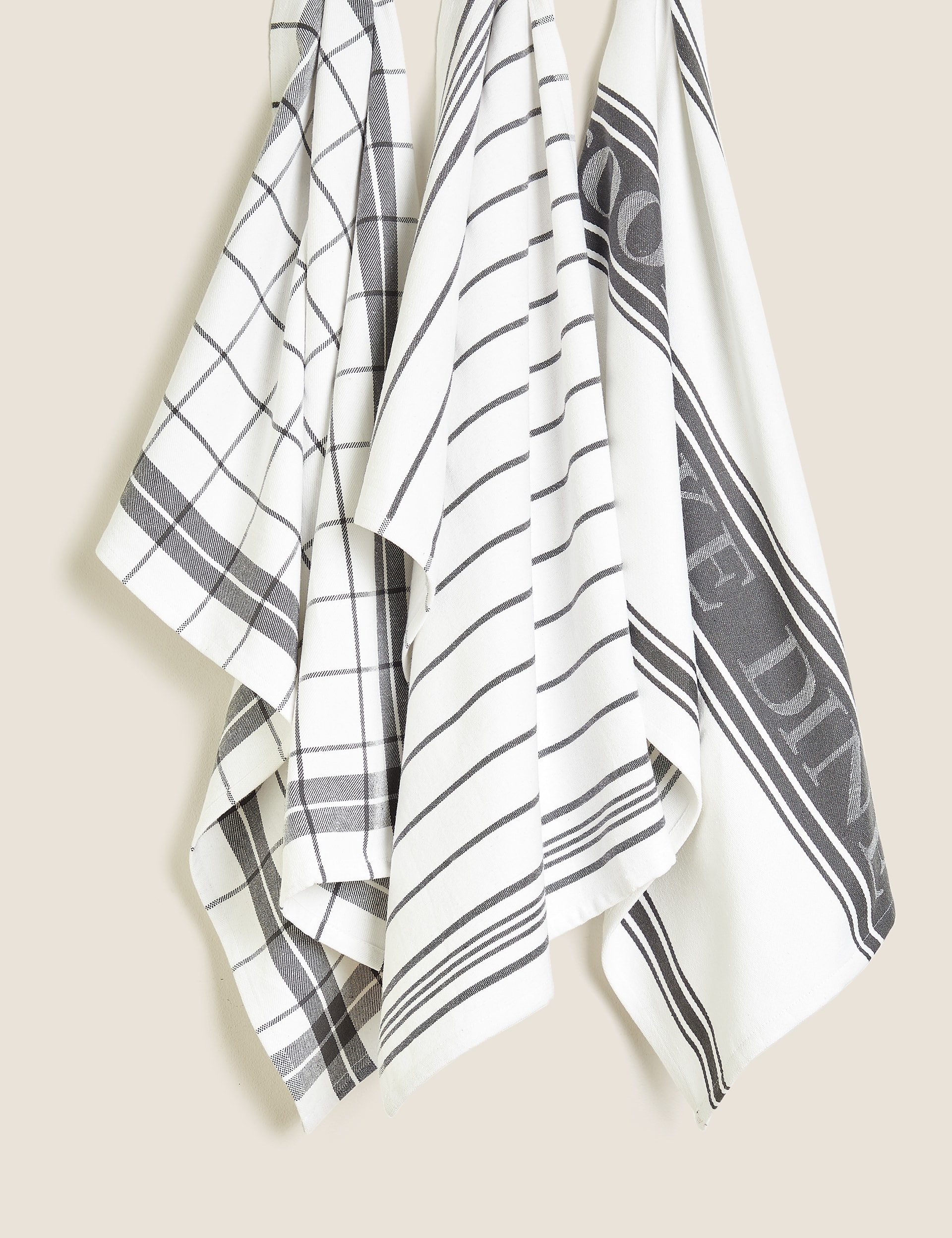 M&S Collection Set of 3 Cotton Rich Striped Tea Towels - Dark Grey, Neutral,Blue,Dark Green,Terracot