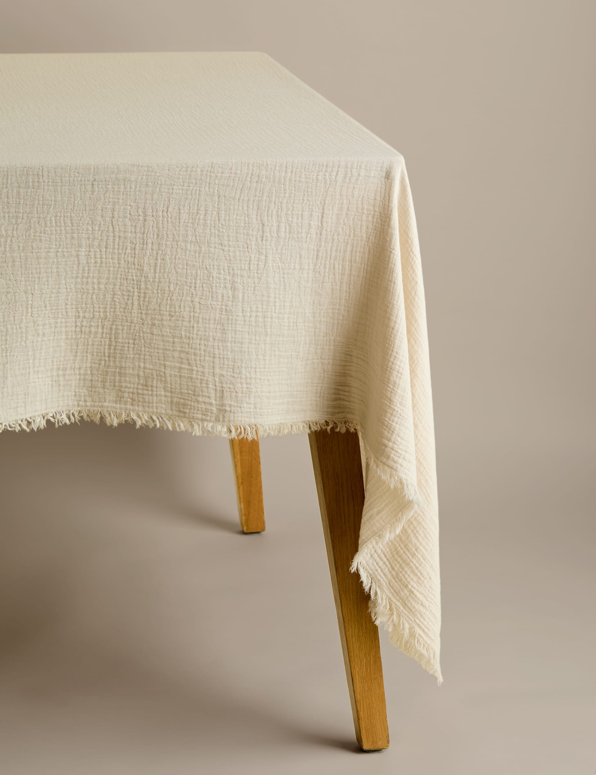 M&S Collection Pure Cotton Frayed Edge Muslin Tablecloth - Natural, Natural,Grey