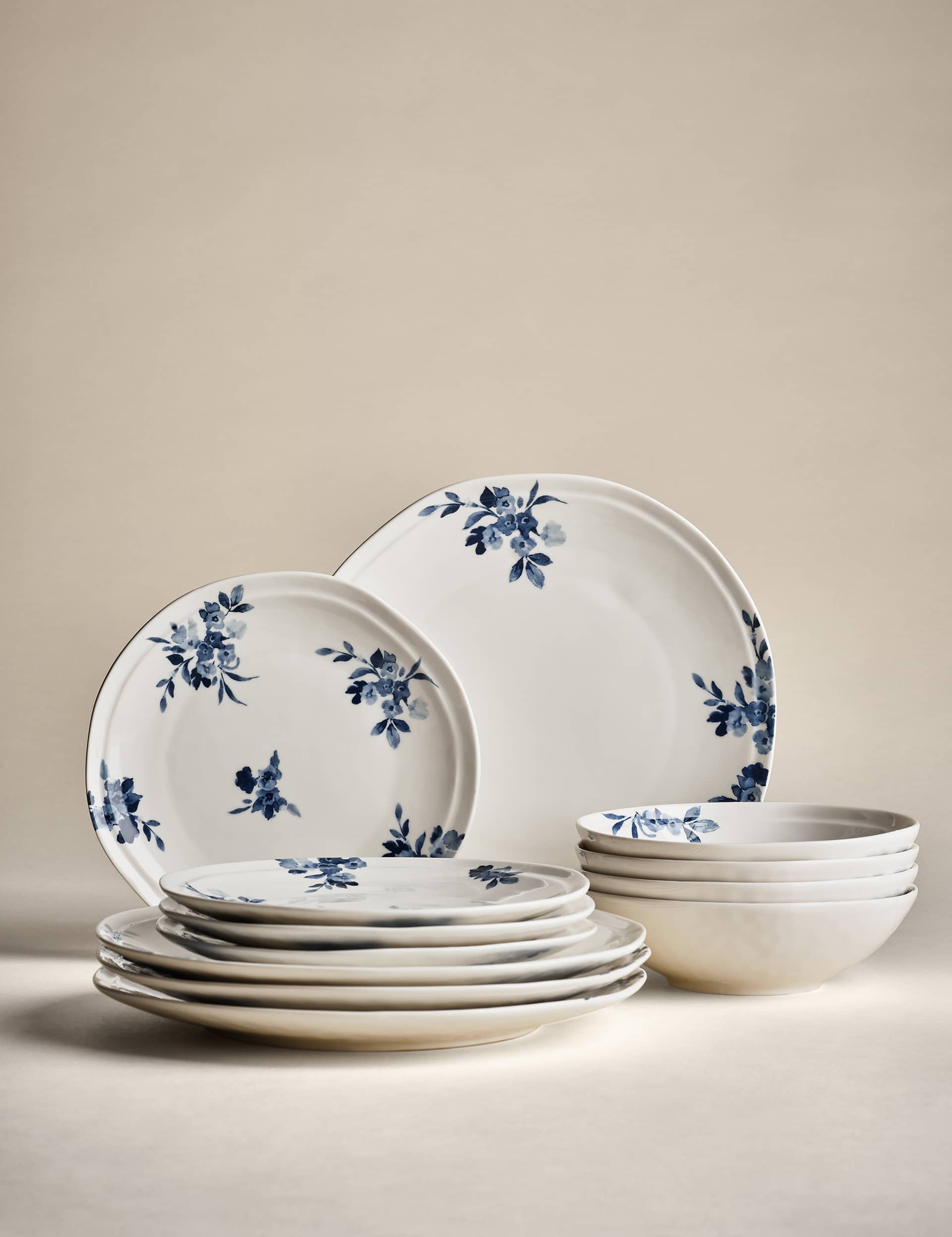 M&S Collection 12 Piece Cherry Blossom Dinner Set - Blue, Blue