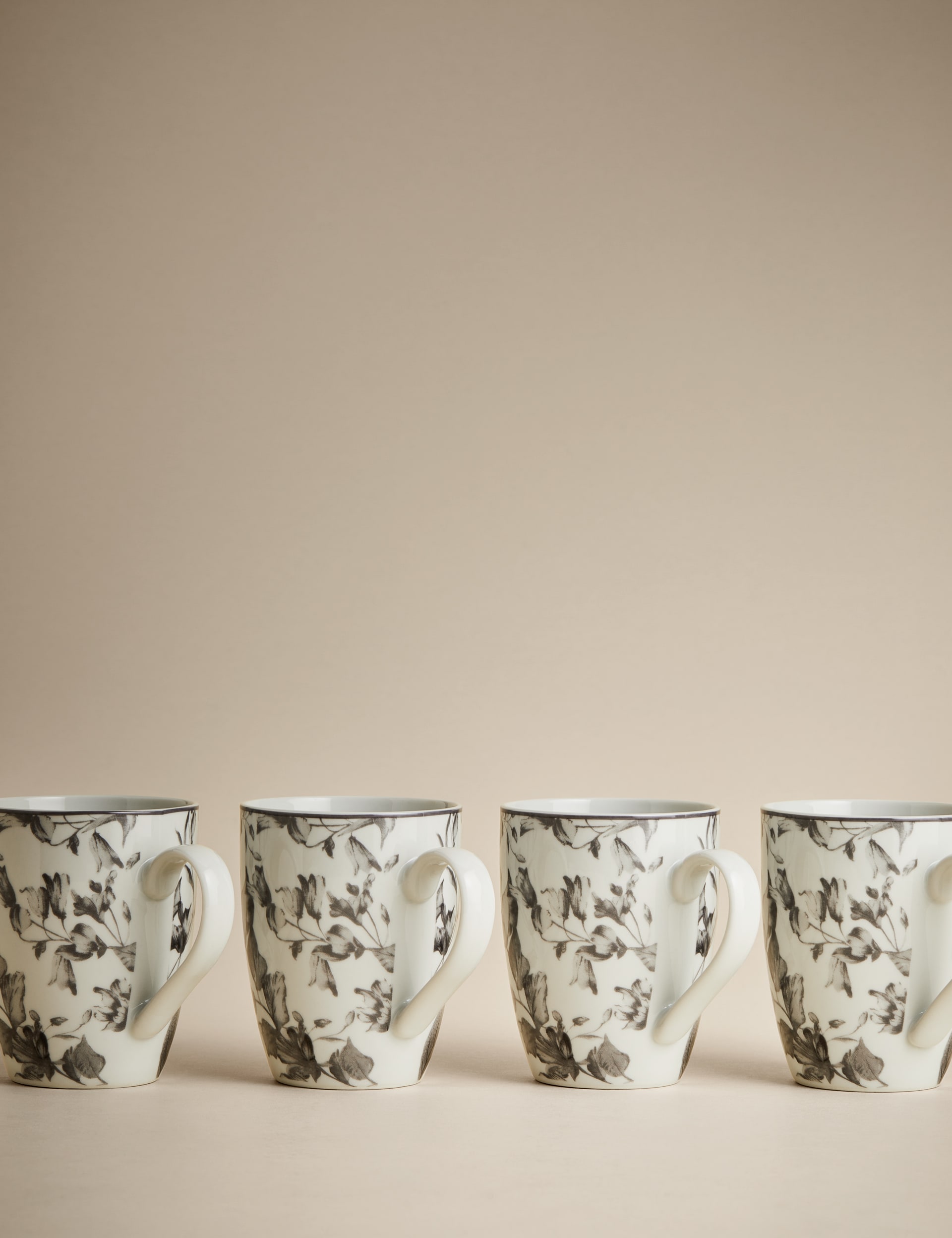 M&S Collection Set of 4 Floral Mugs - Grey, Grey