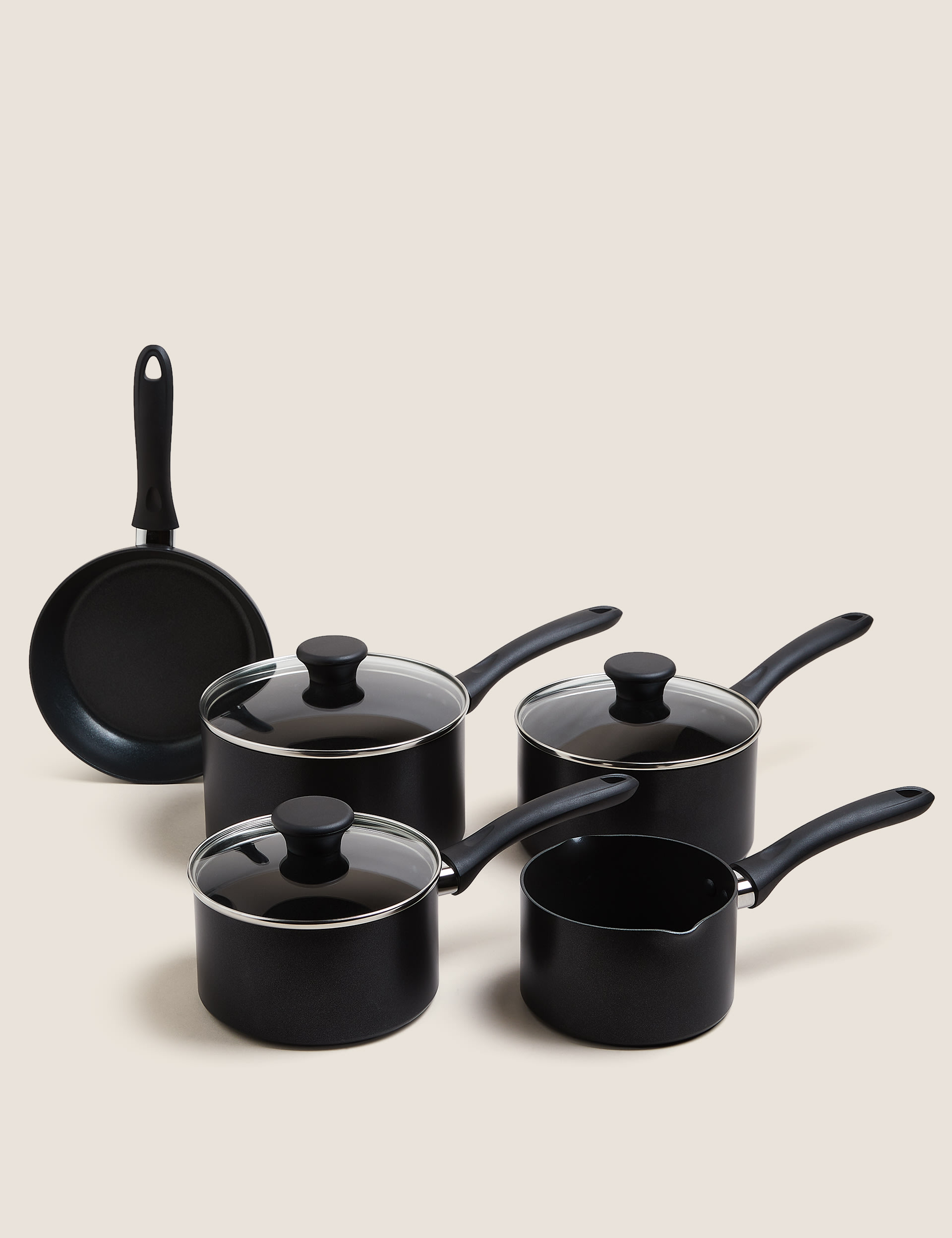 M&S Collection 5 Piece Black Aluminium Non Stick Pan Set, Black