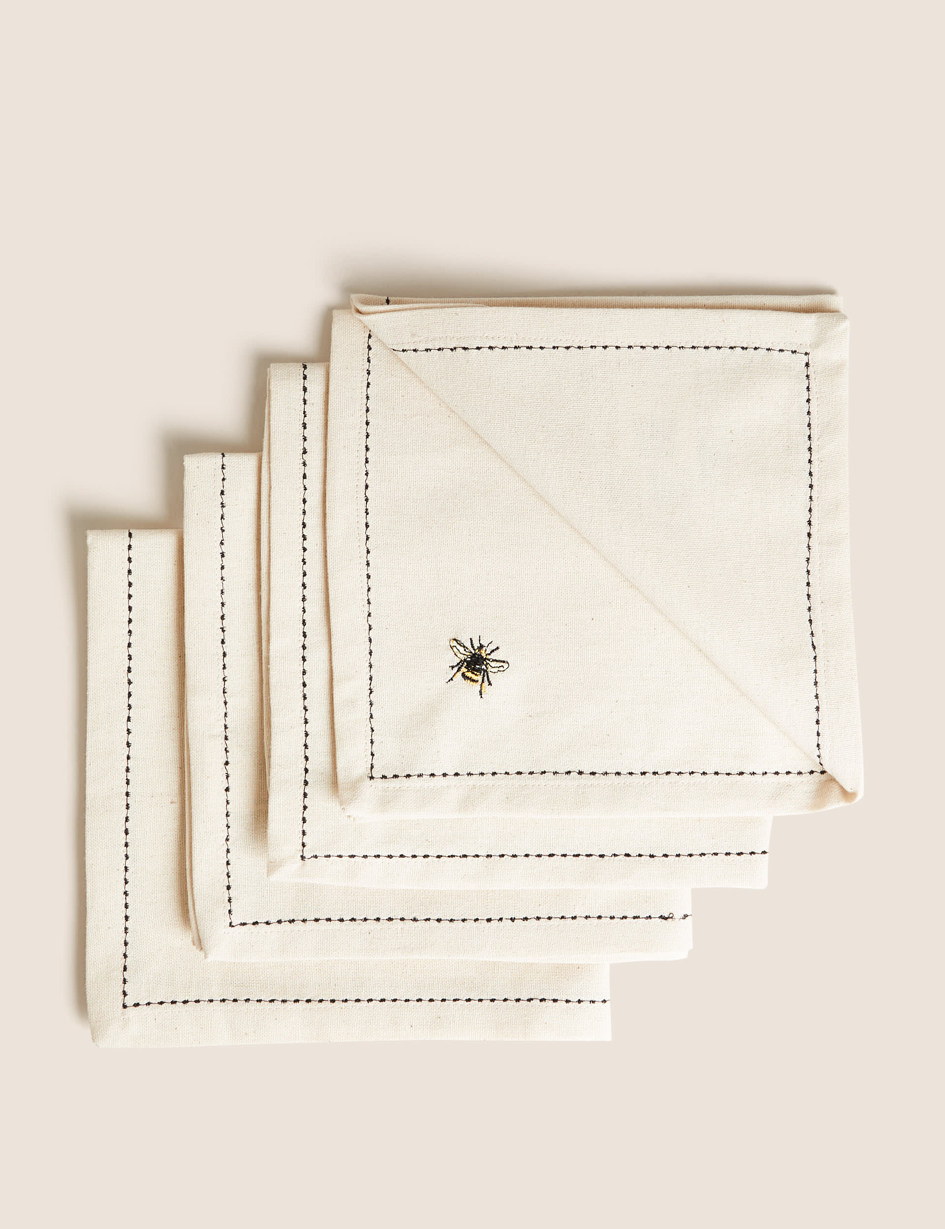 M&S Collection Set of 4 Embroidered Bee Cotton Napkins - Natural, Natural