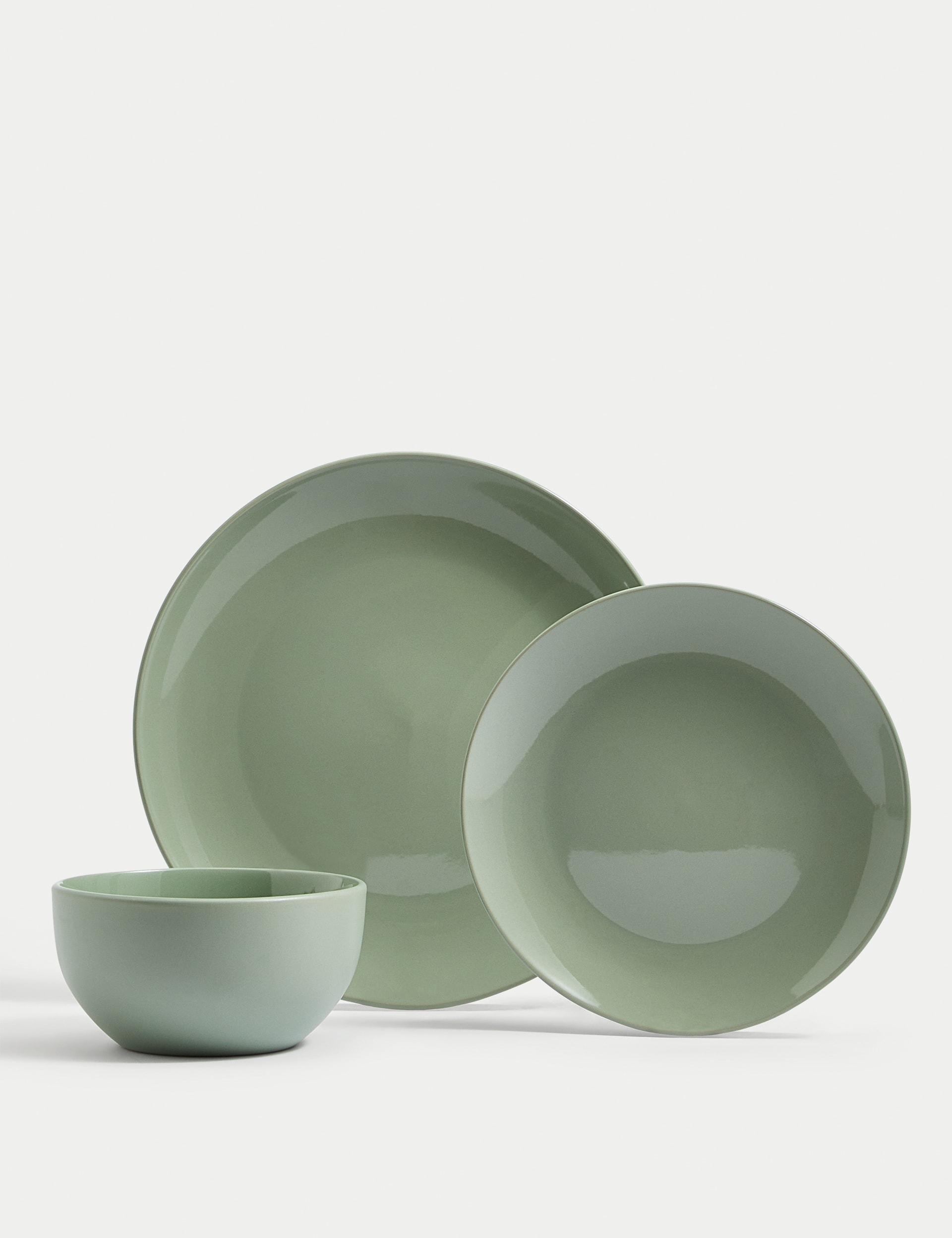 M&S Collection 12 Piece Everyday Stoneware Dinner Set - Sage, Bright Blue,Natural,Sage