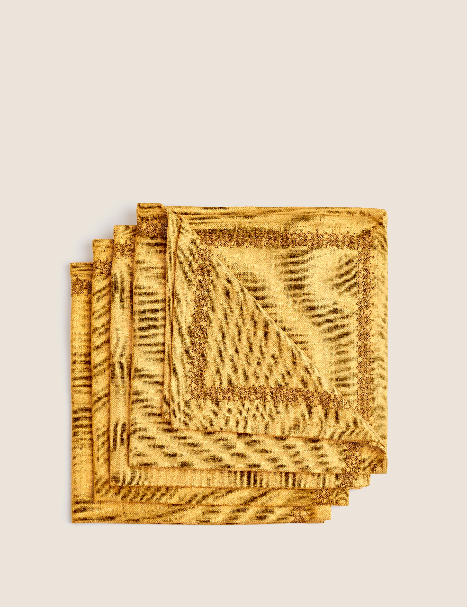 M&S X Fired Earth Set of 4 Pure Cotton Embroidered Napkins - Ochre, Ochre,Dark Blue