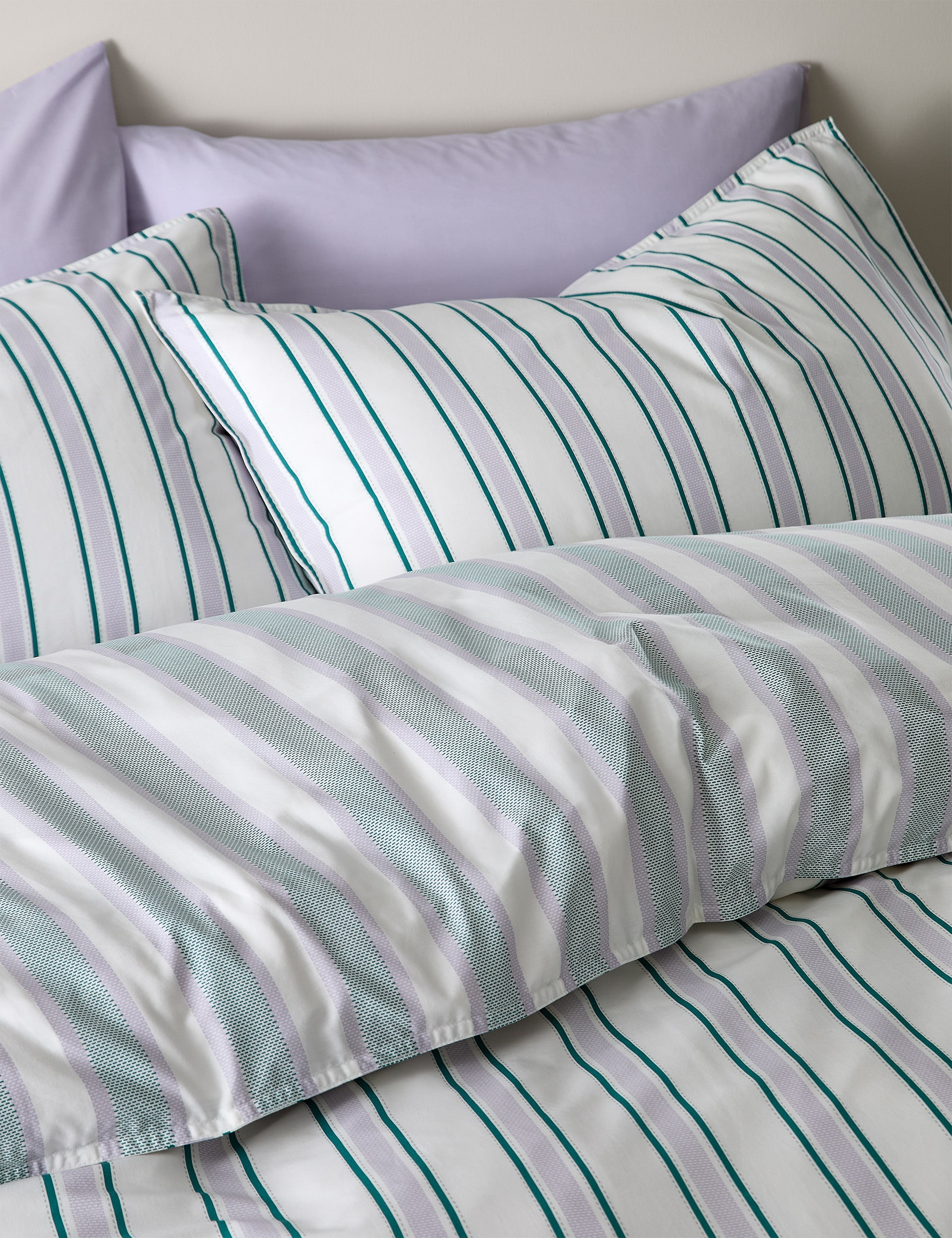 M&S Collection Cotton Rich Striped Bedding Set - SGL - Lilac Mix, Lilac Mix