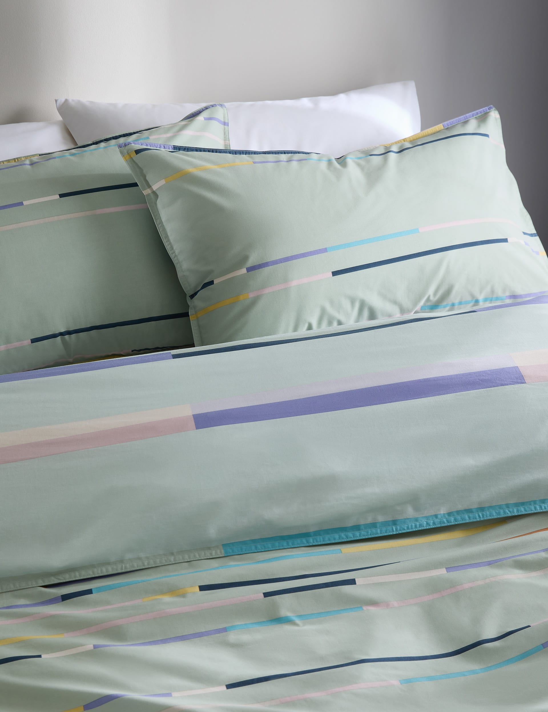 M&S Collection Cotton Rich Striped Bedding Set - DBL - Blue Mix, Green Mix,Blue Mix