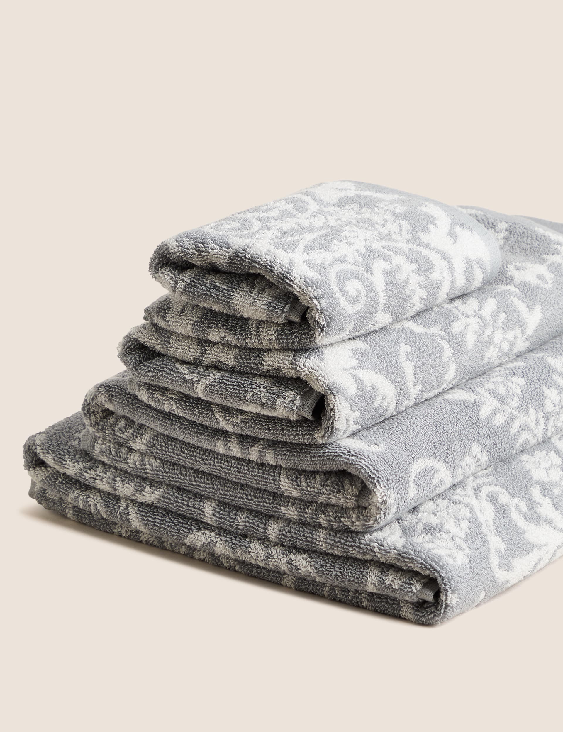 M&S Collection Pure Cotton Damask Jacquard Towel - BATH - Grey Mix, Grey Mix