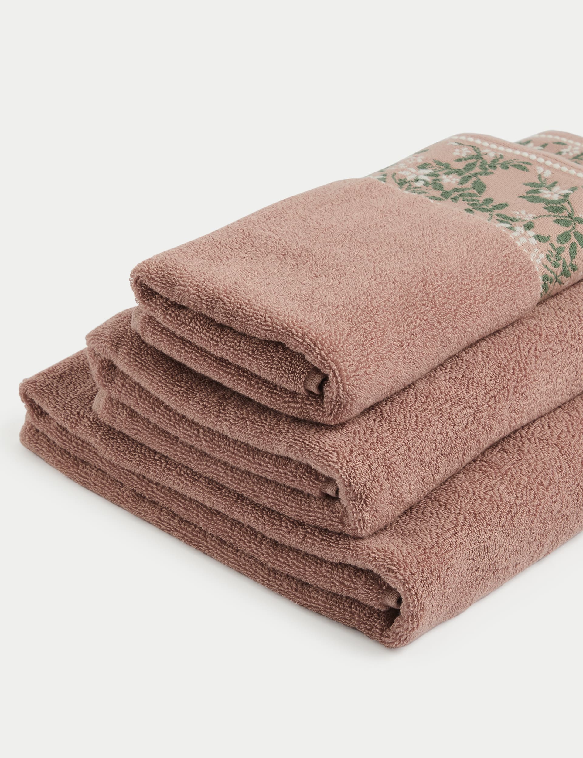 M&S Collection Pure Cotton Woven Floral Towel - BATH - Blush, Blush,Light Grey Mix,Forest Green