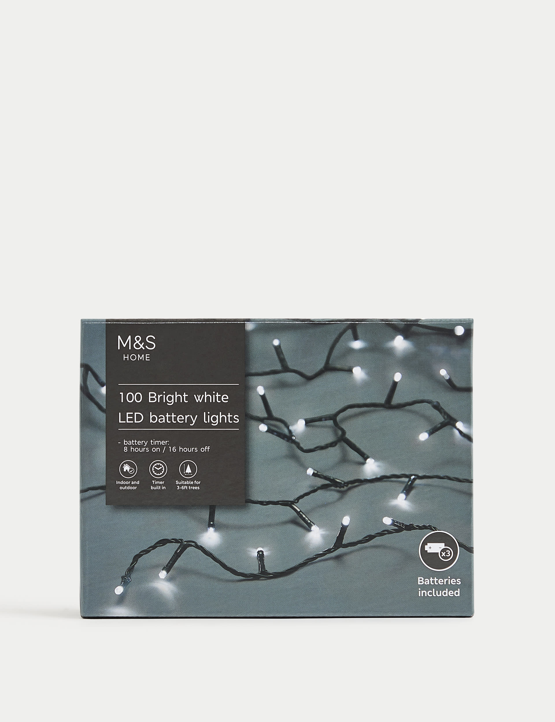 M&S Collection 100 Bright White LED Battery Lights, White