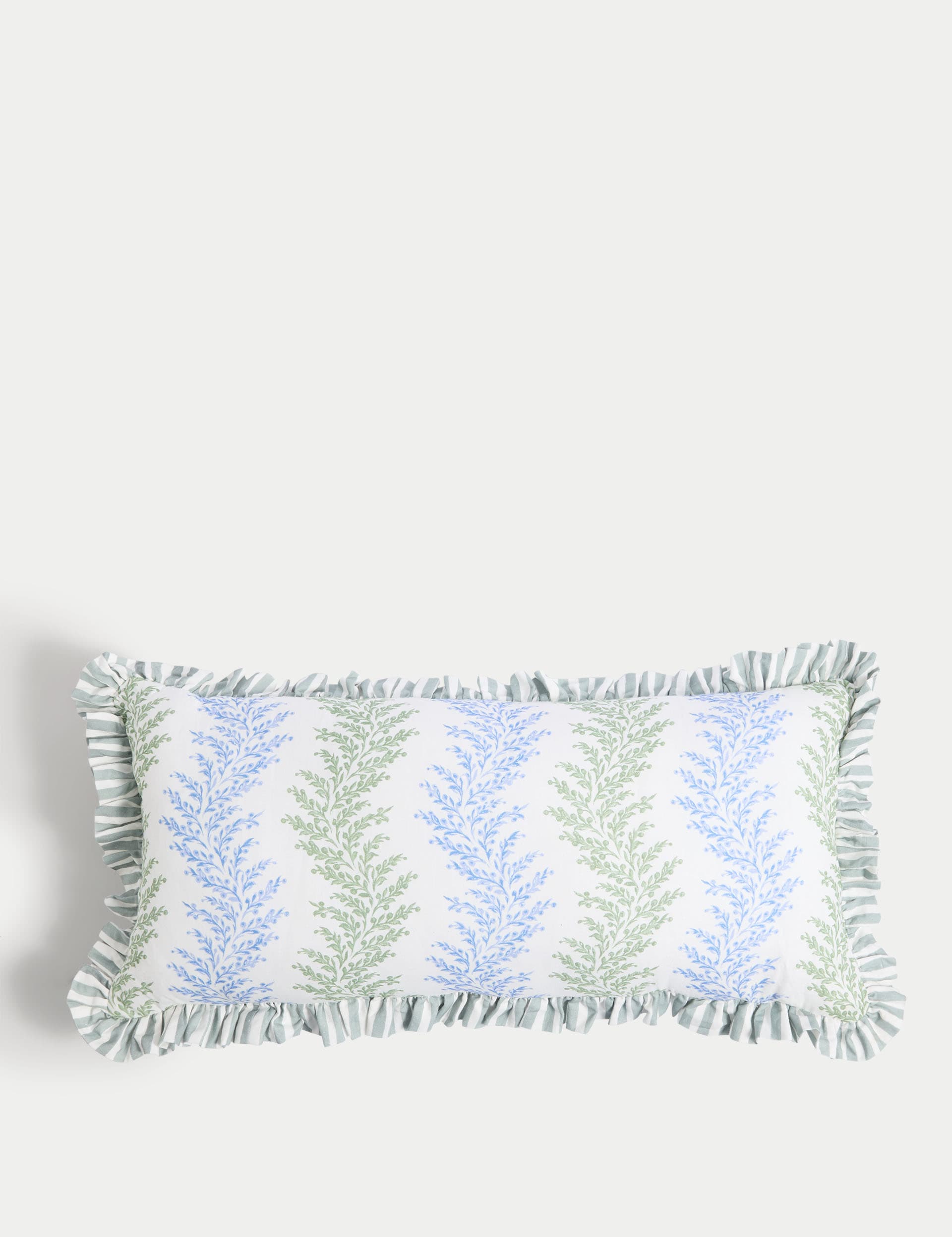 M&S Collection Cotton with Linen Leaf & Striped Bolster Cushion - Green Mix, Green Mix,Neutral