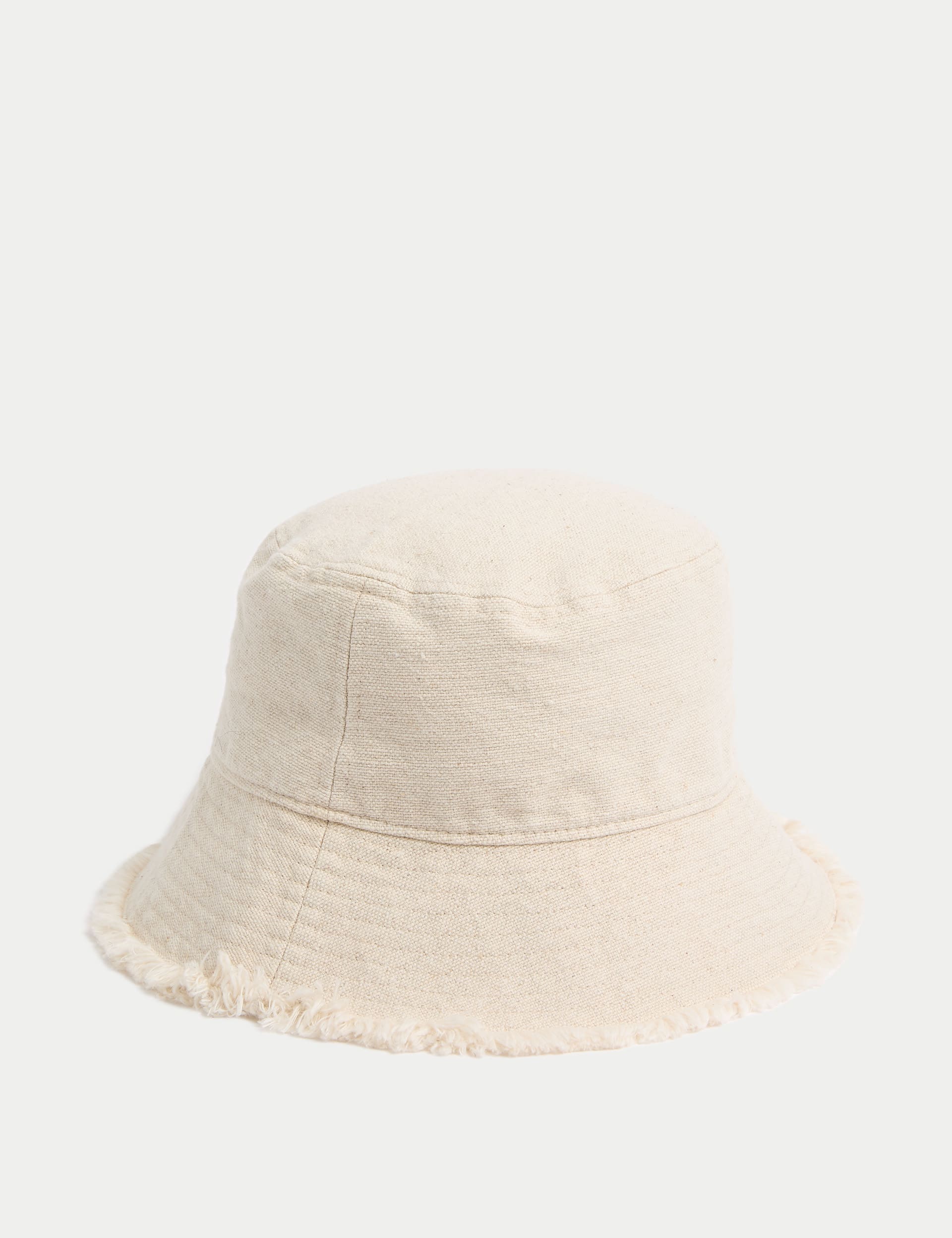 M&S Collection Women's Cotton Rich Frayed Edge Bucket Hat - S-M - Cream, Cream