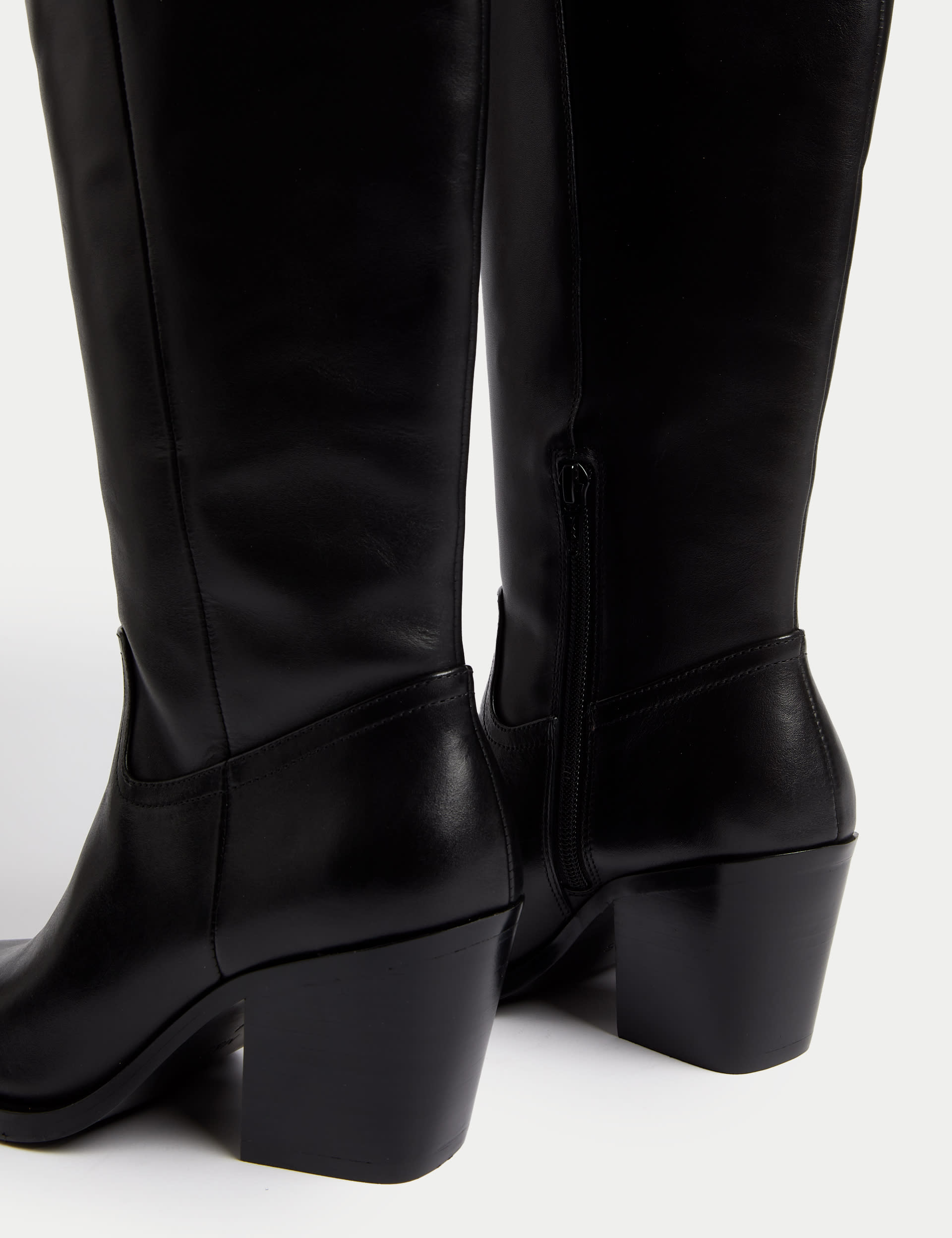 M&S Collection Women's Leather Cowboy Block Heel Knee High Boots - 6 - Black, Black