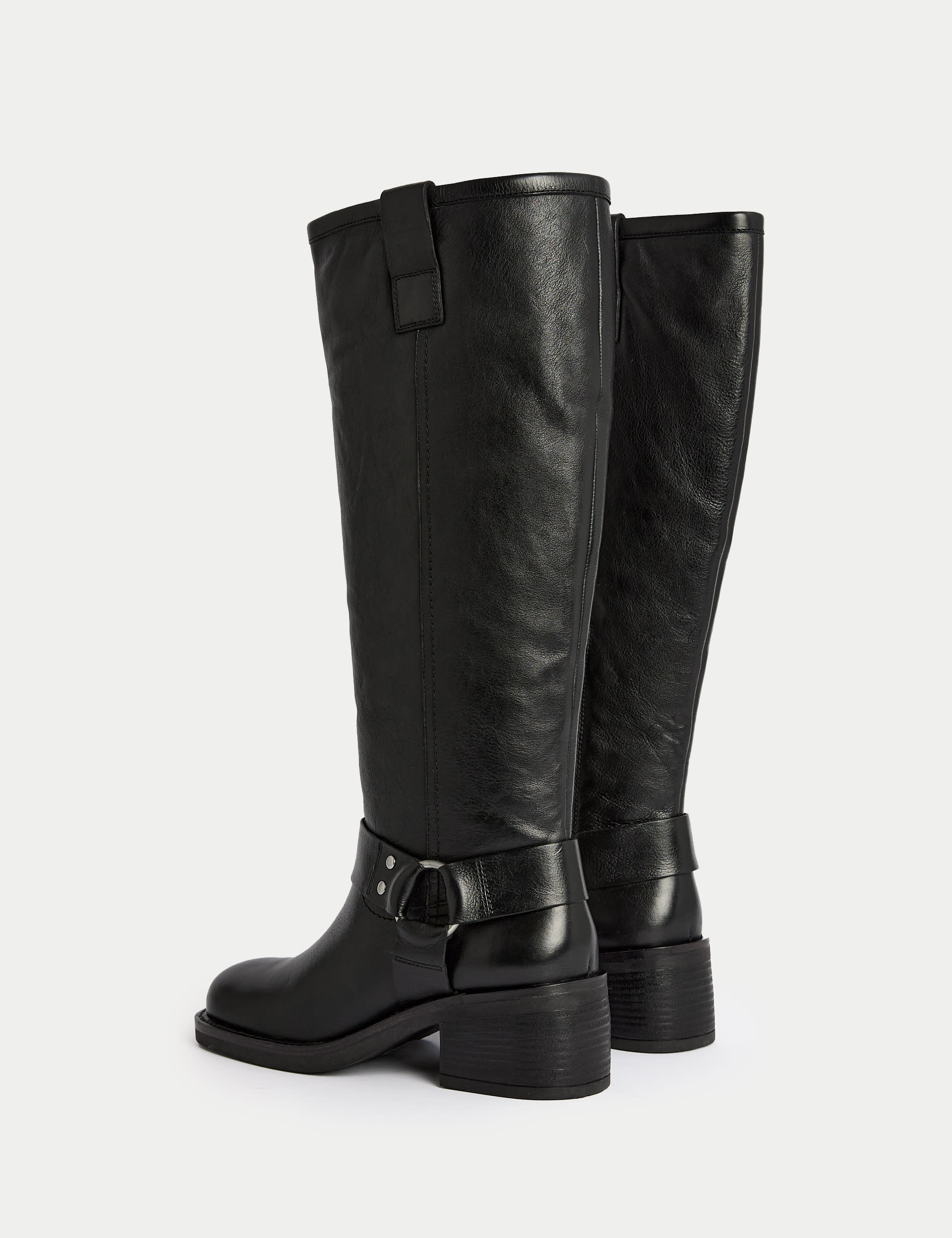 M&S Collection Women's Leather Biker Knee High Boots - 6 - Black, Black