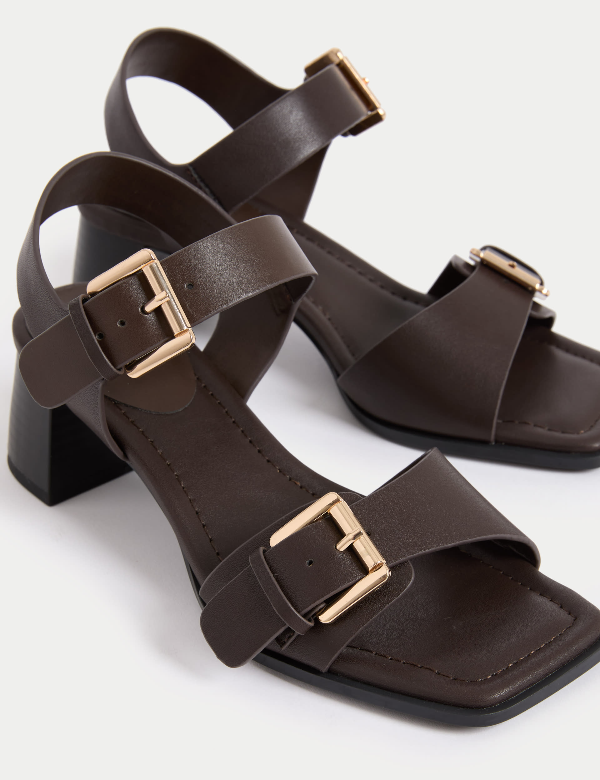 M&S Collection Women's Double Buckle Block Heel Sandal - 6 - Brown, Brown,Black