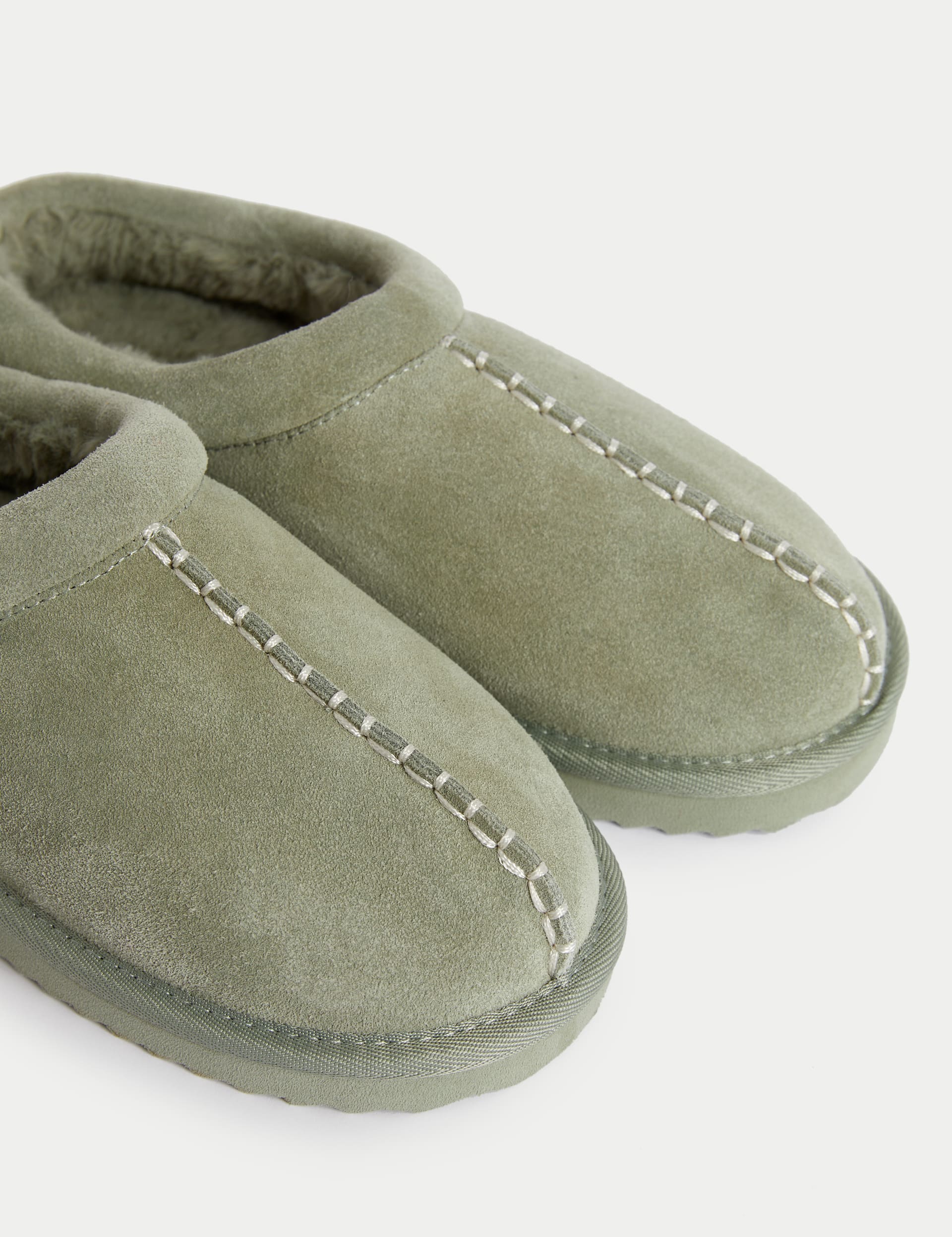 M&S Collection Women's Suede Faux Fur Lined Mule Clog Slippers - 4 - Sage, Sage,Chestnut