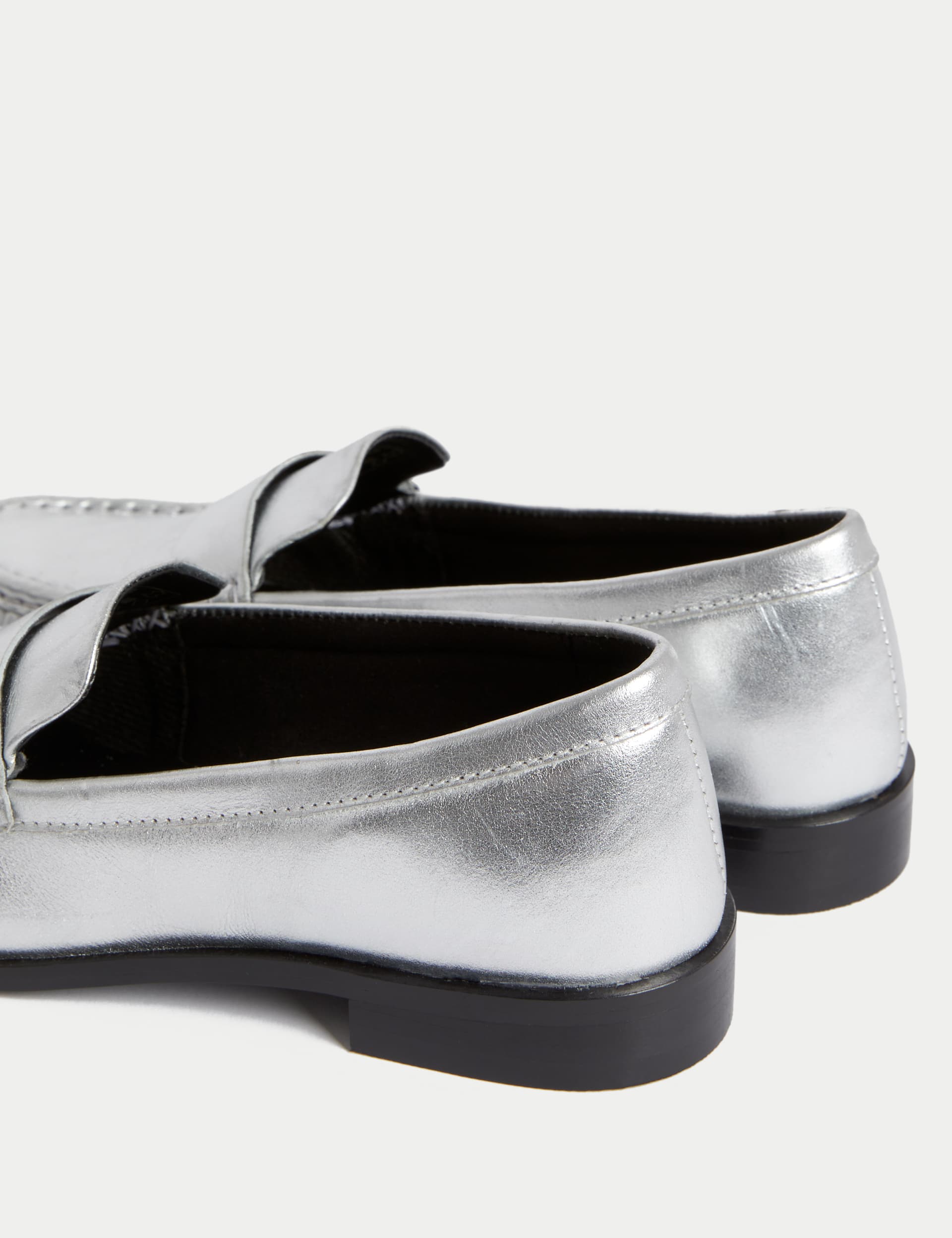 M&S Collection Women's Leather Metallic Flatform Loafers - 6 - Silver, Silver