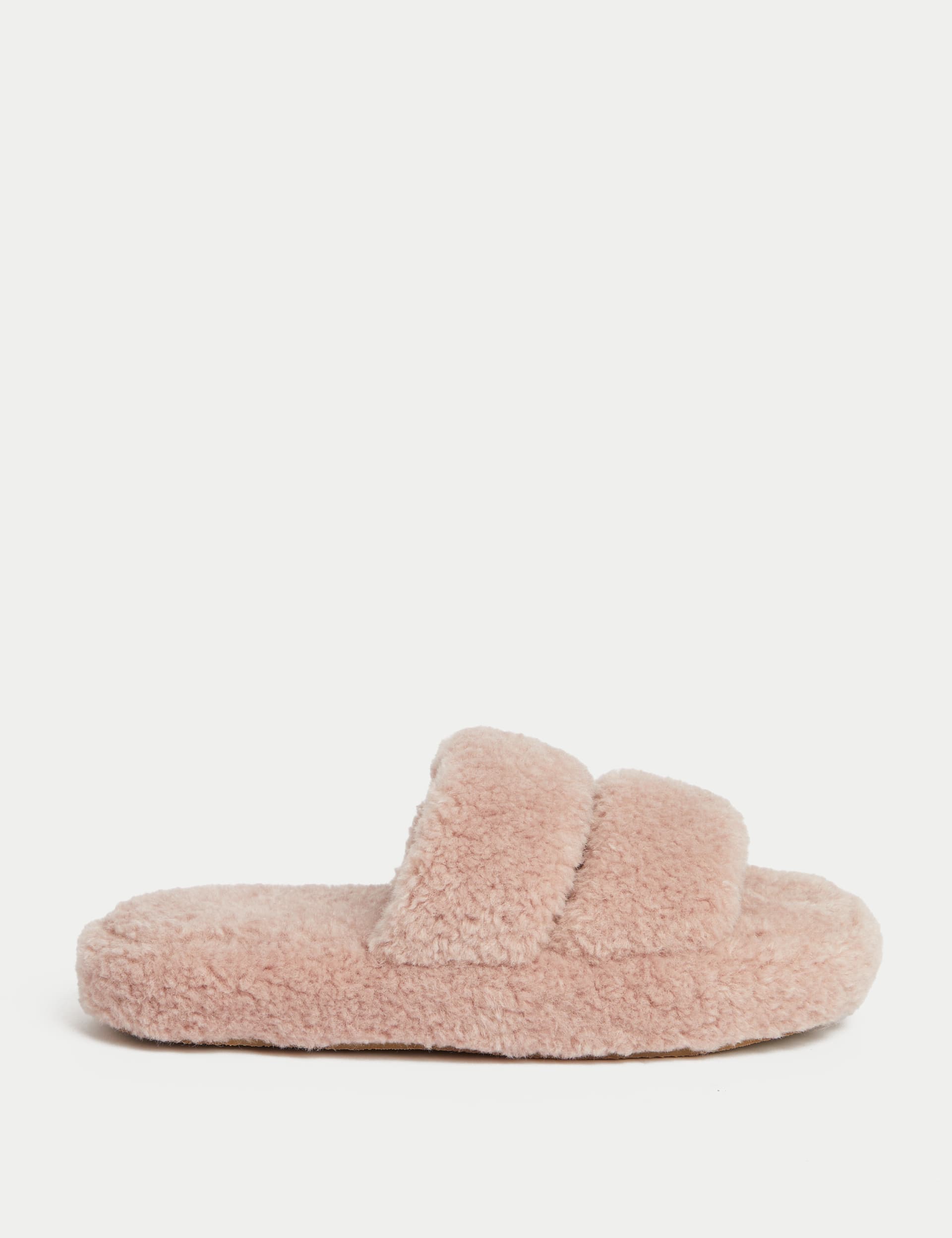 M&S Collection Women's Borg Platform Open Toe Slider Slippers - 5 - Cream, Cream,Dusty Pink