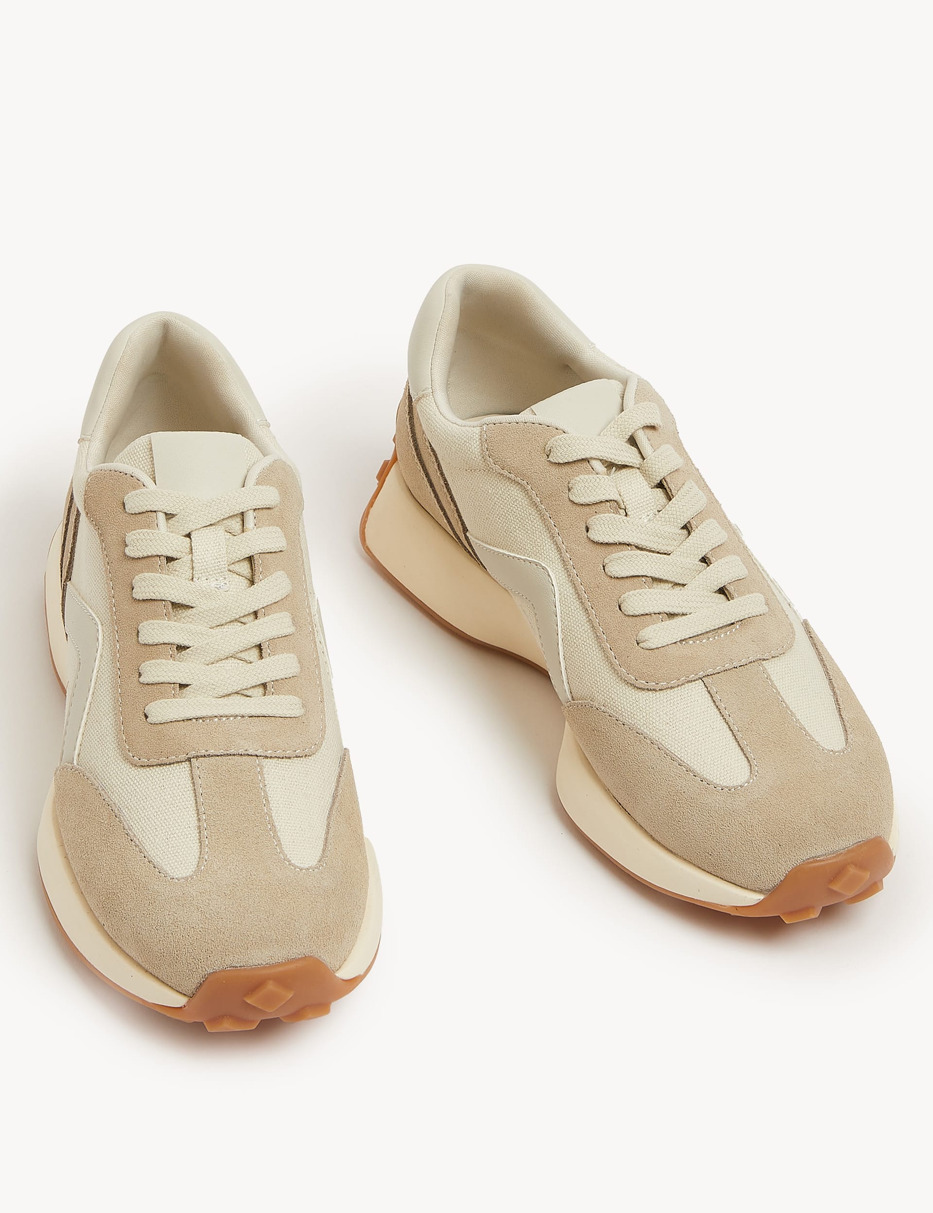 M&S Collection Women's Leather Lace Up Side Detail Trainers - 5 - Beige, Beige,Black Mix