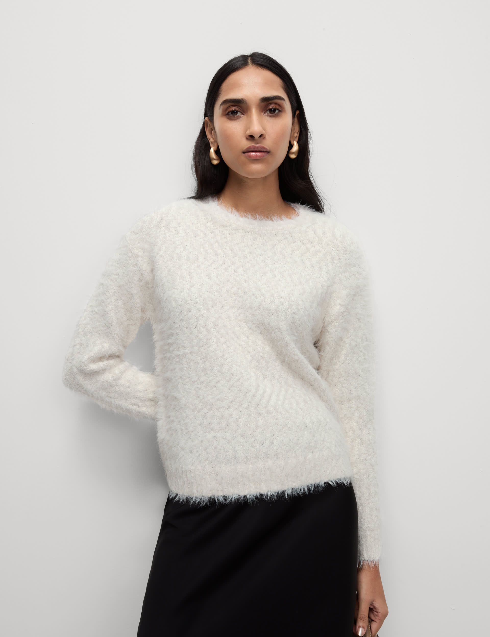 M&S Collection Women's Textured Crew Neck Jumper - Light Natural, Light Natural,Soft Gold