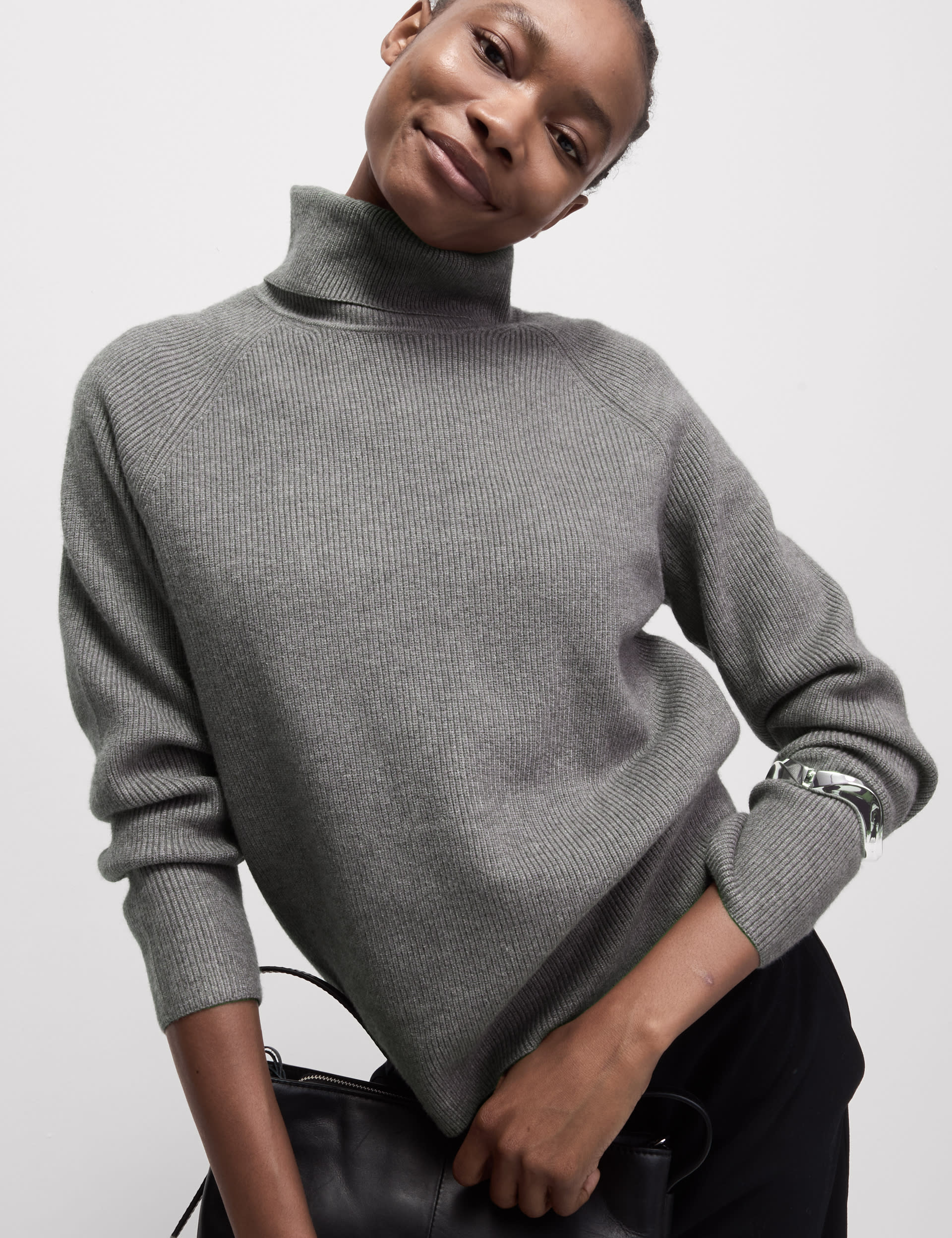 M&S Collection Women's Ribbed Roll Neck Jumper - Mid Grey Marl, Cornflower,Dusted Lilac,Nutmeg,Black