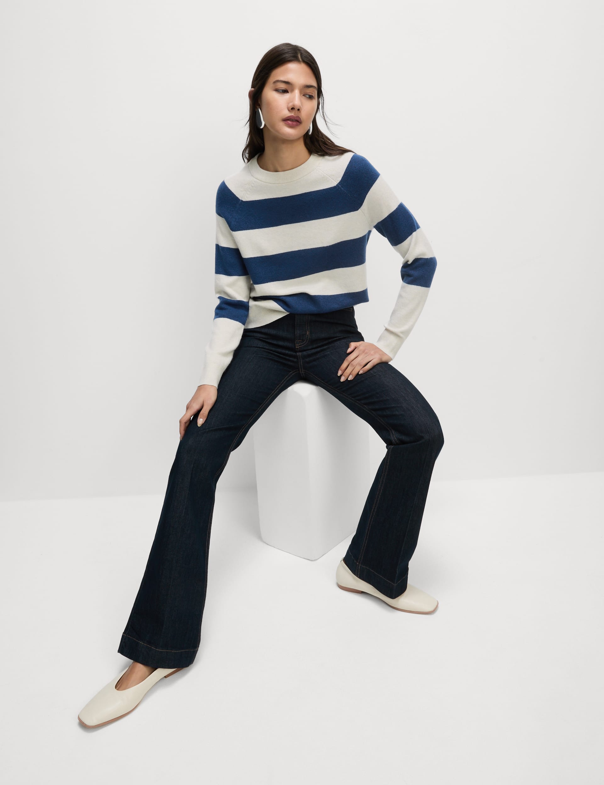 M&S Collection Women's Air-Yarn Striped Crew Neck Jumper - Dark Blue Mix, Neutral,Dark Blue Mix