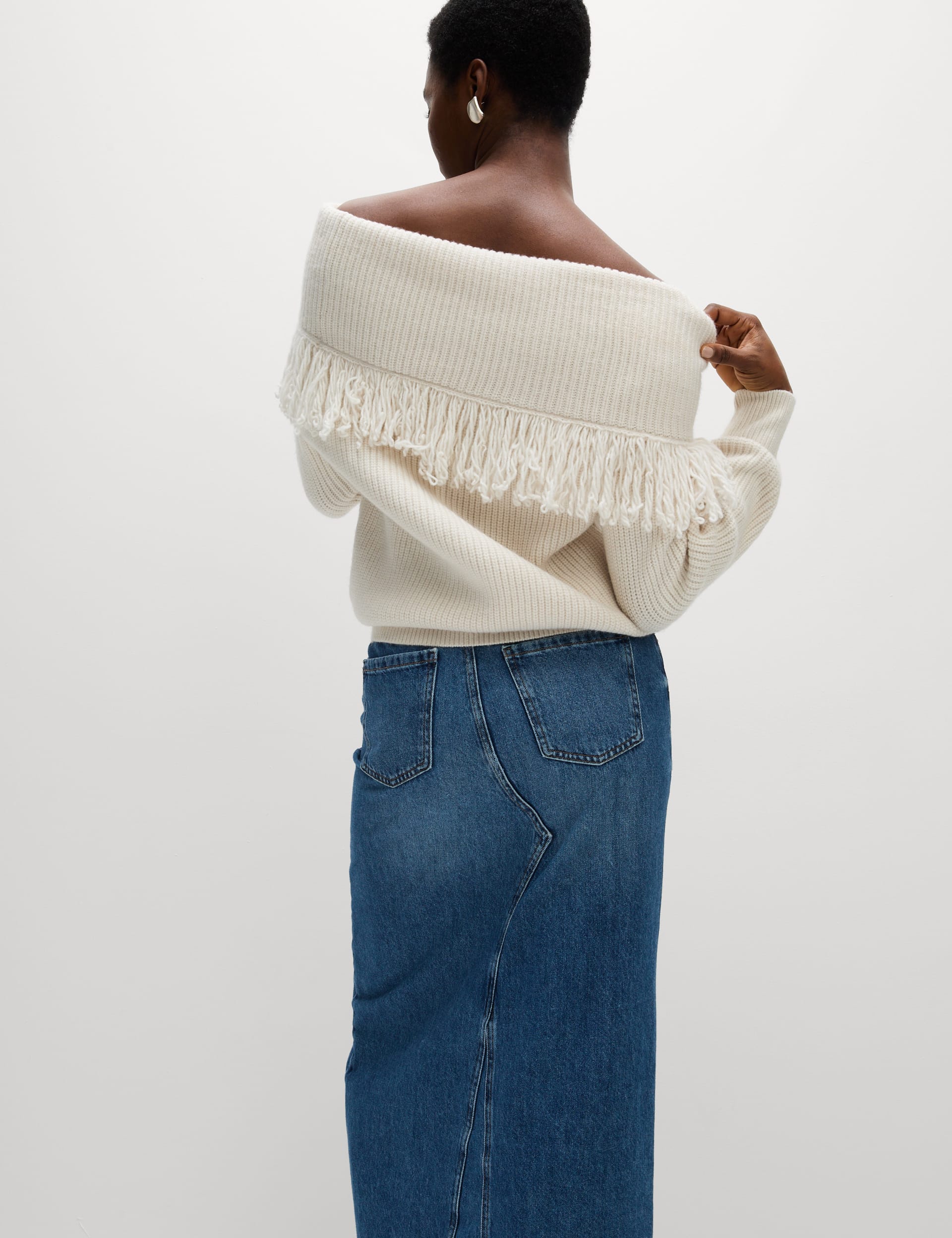 M&S Collection Women's Textured Fringed Off the Shoulder Jumper - Light Natural, Light Natural