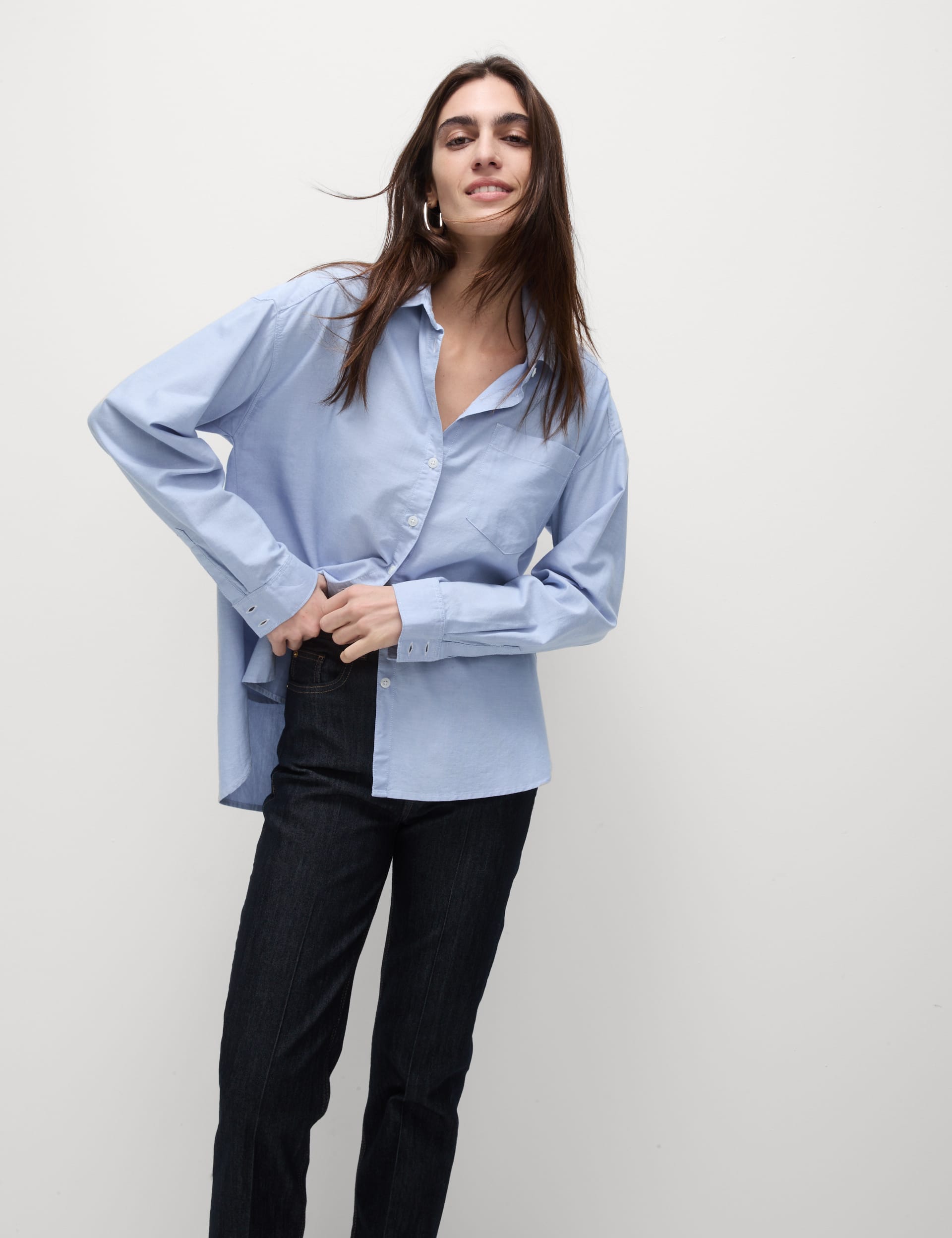 M&S Collection Women's Pure Cotton Collared Oversized Shirt - 12REG - Soft Blue, Soft White,Soft Blu