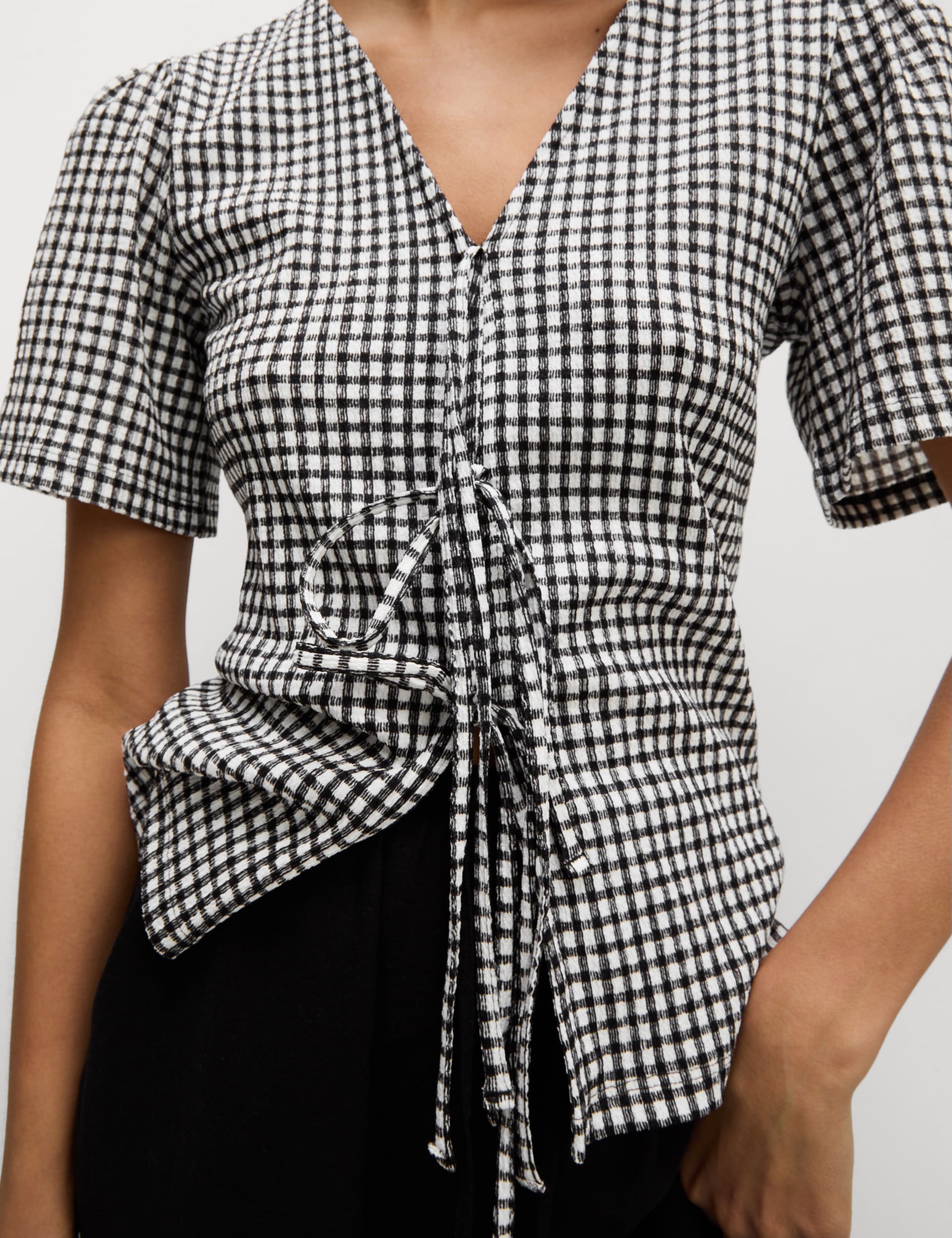 M&S Collection Women's Gingham Textured V-Neck Tie Front Top - 16 - Black Mix, Black Mix