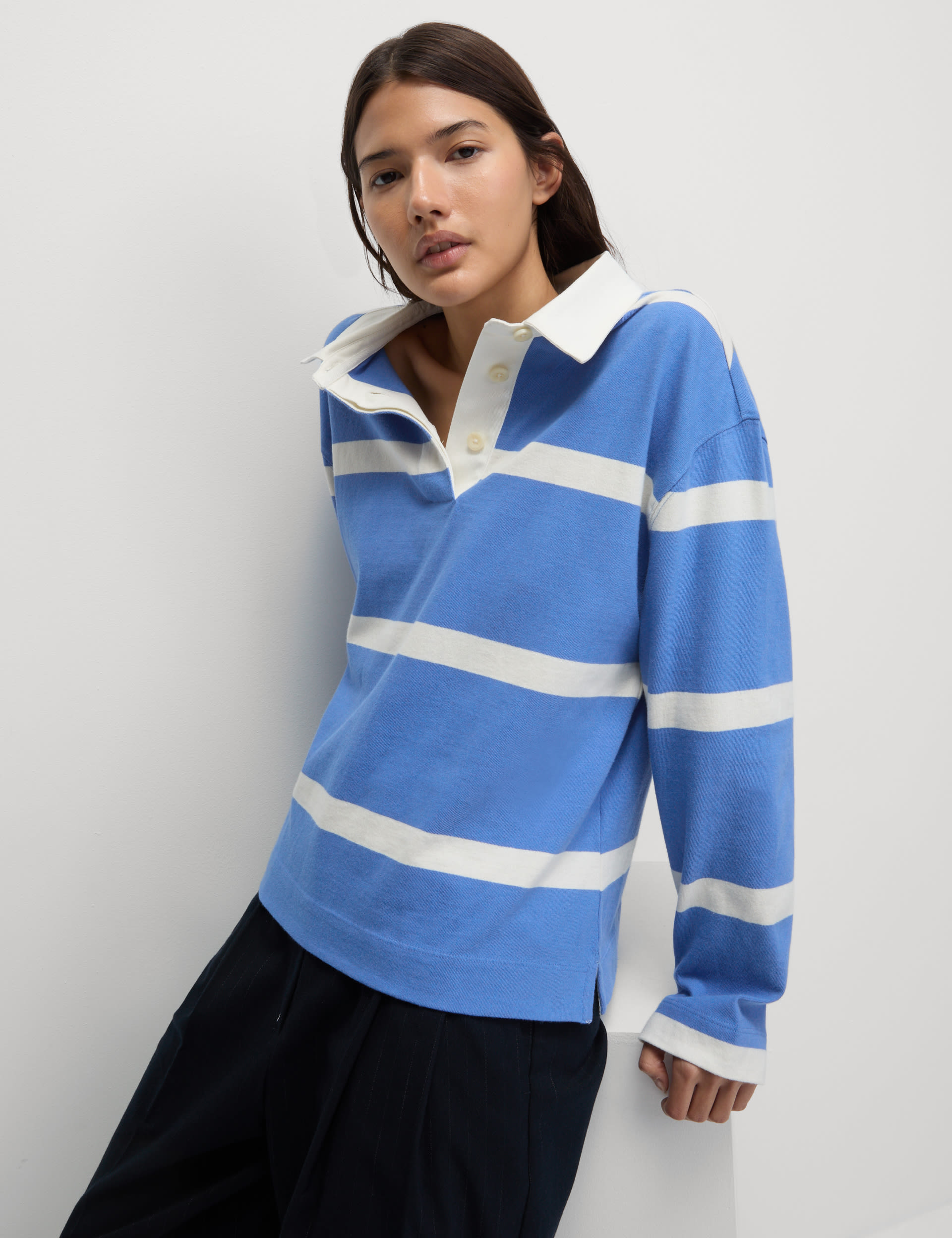 M&S Collection Women's Pure Cotton Striped Rugby Top - 12 - Blue Mix, Blue Mix,Green Mix