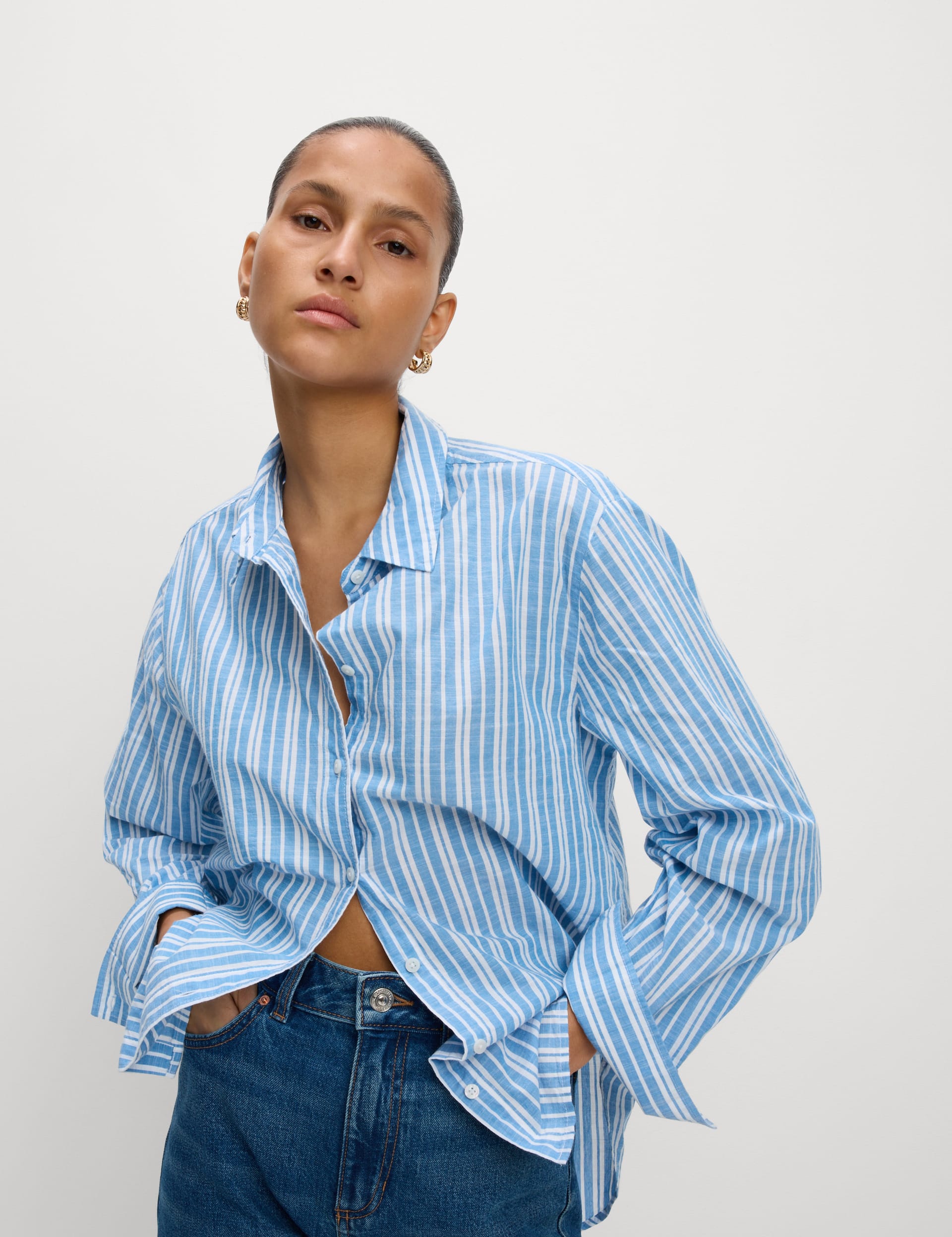 M&S Collection Women's Pure Cotton Striped Collared Shirt - 14REG - Blue Mix, Pink Mix,Blue Mix