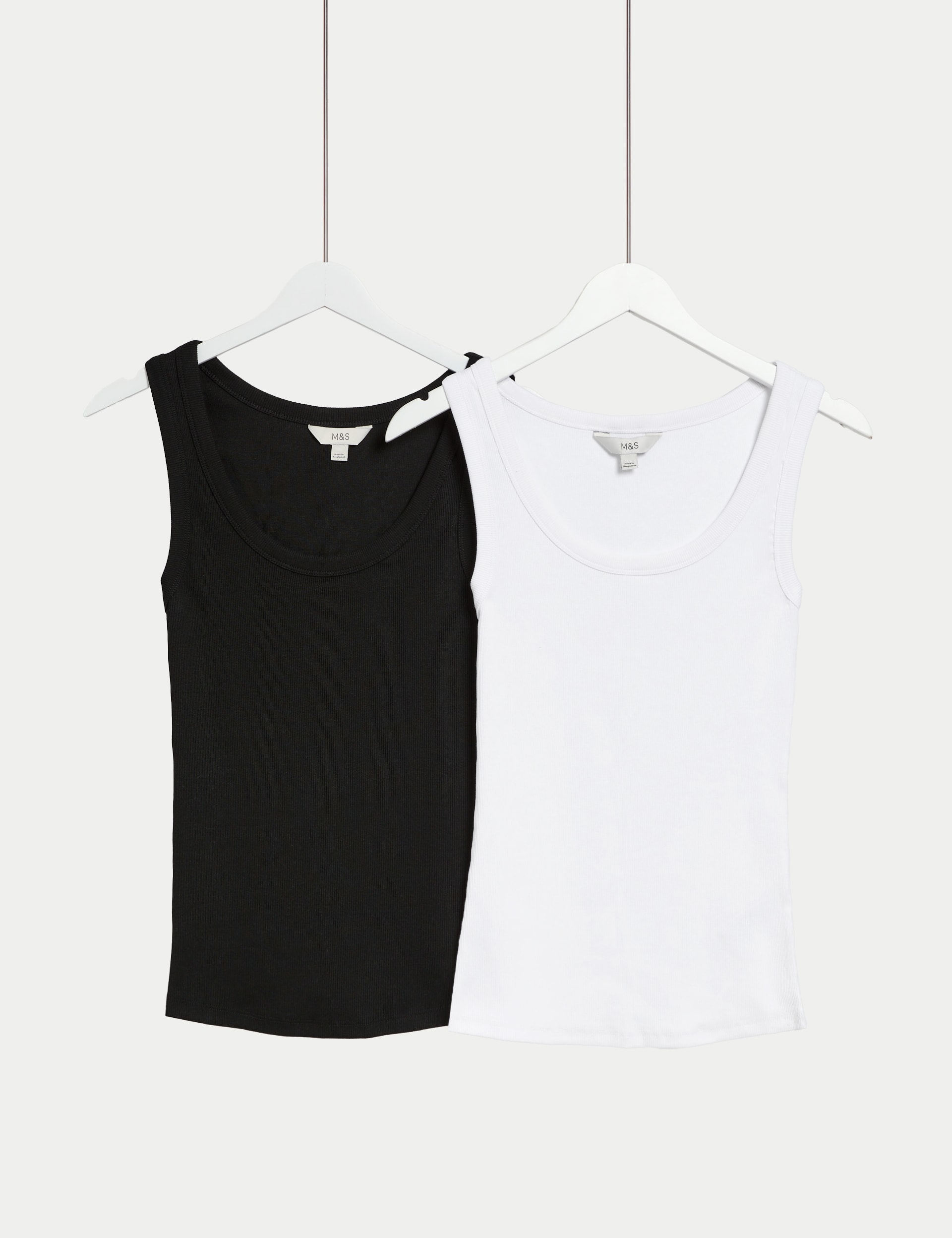 M&S Collection Women's 2 Pack Cotton Rich Ribbed Vests - 10 - Black/White, Black/White