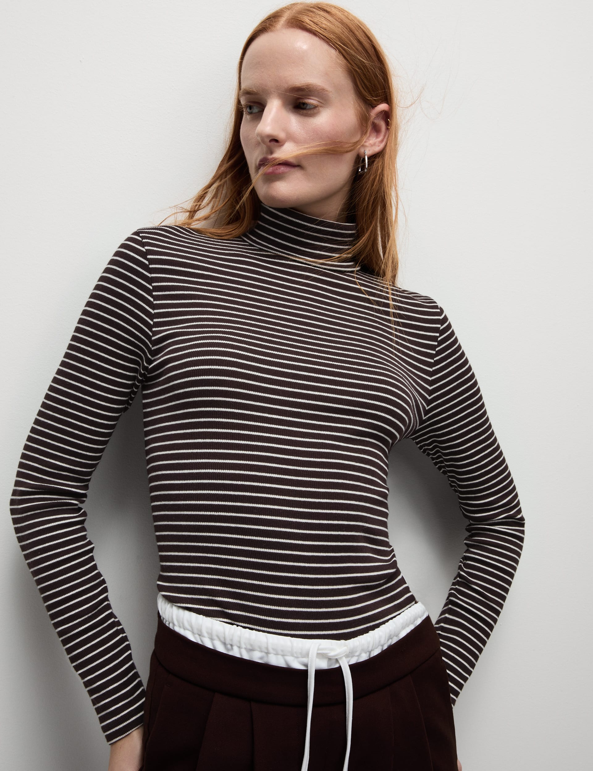 M&S Collection Women's Cotton Rich Striped Funnel Neck Top - 12 - Brown Mix, Brown Mix