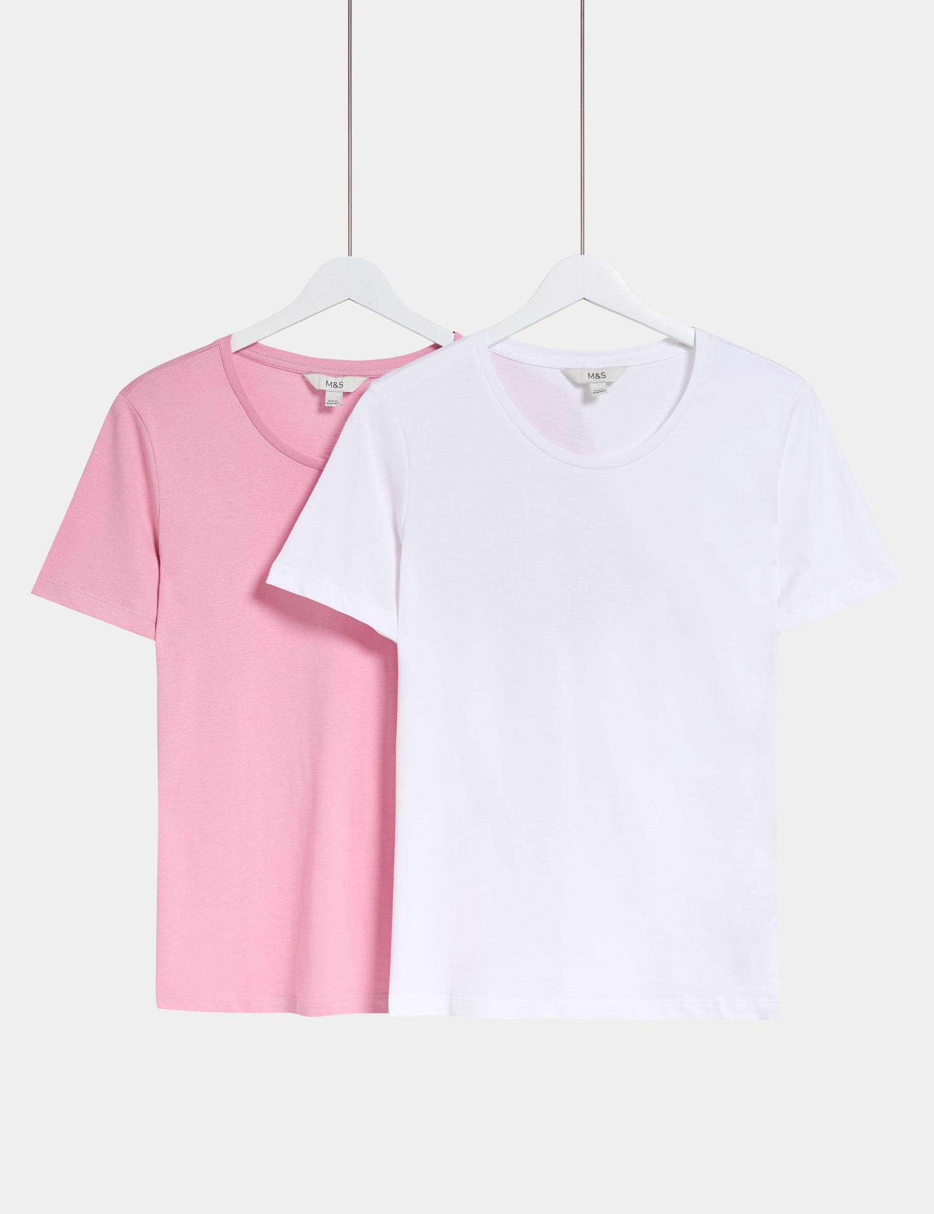 M&S Collection Women's 2 Pack Pure Cotton Crew Neck Regular Fit T-Shirts - 14 - Pink/White, Pink/Whi