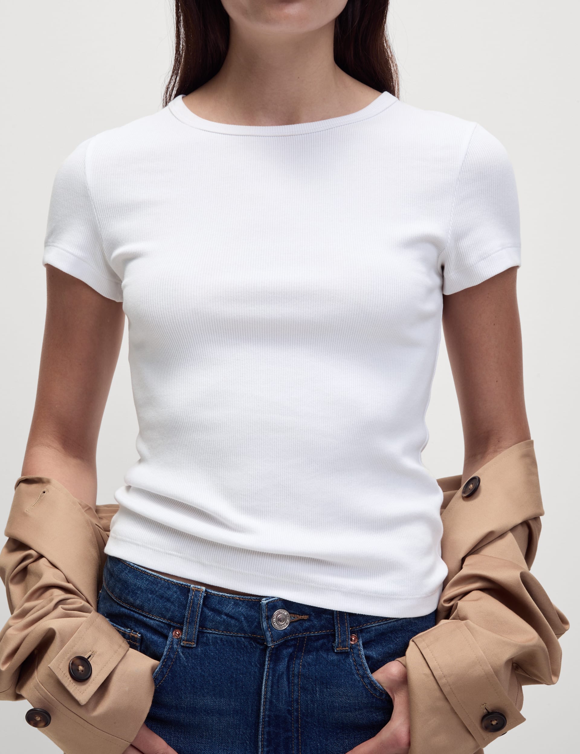 M&S Collection Women's Cotton Rich Ribbed Slim Fit T-Shirt - 18 - White, White