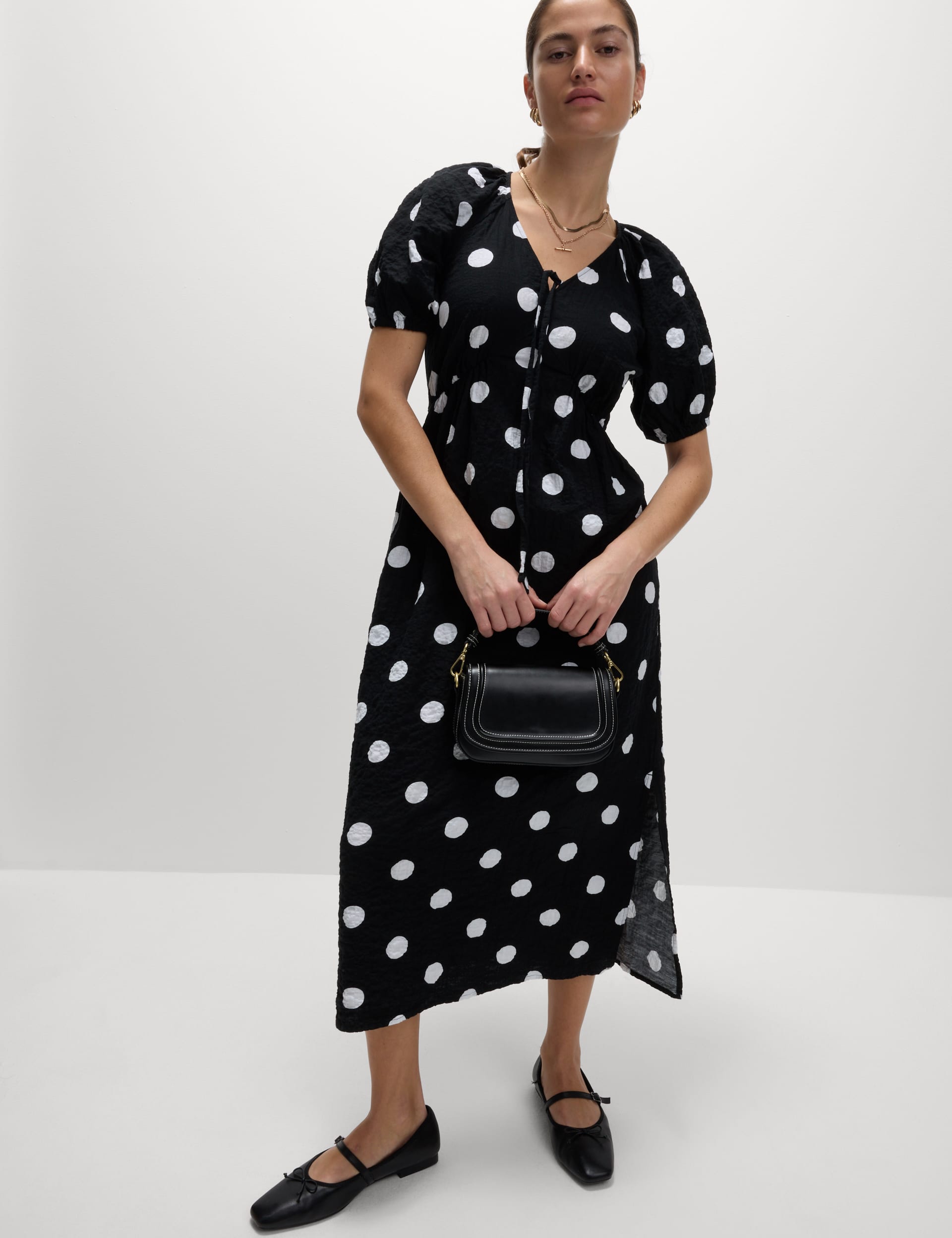 M&S Collection Women's Cotton Rich Polka Dot Midi Waisted Dress - 12REG - Black Mix, Black Mix