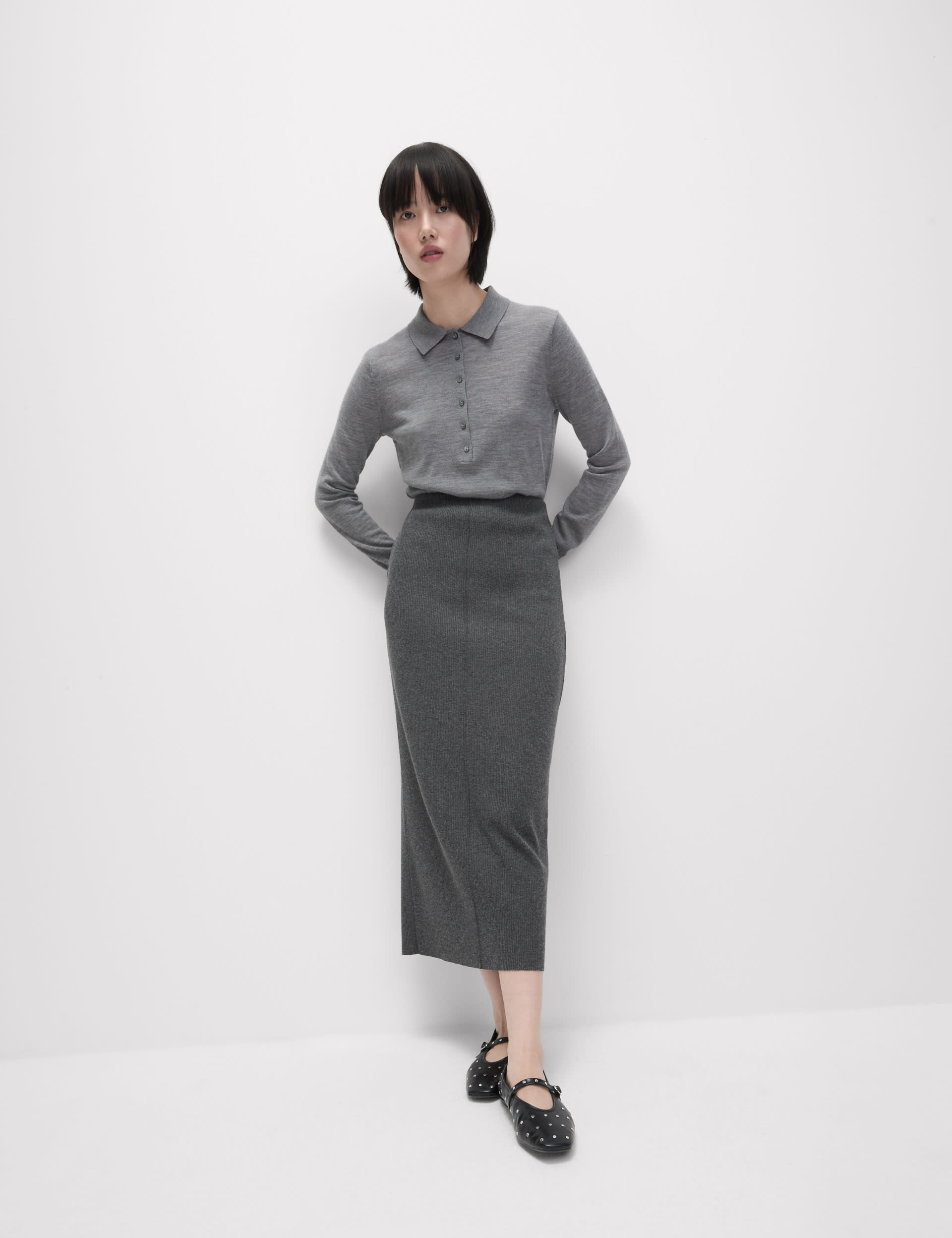 M&S Collection Women's Jersey Ribbed Knee Length A-Line Skirt - 12REG - Grey, Grey