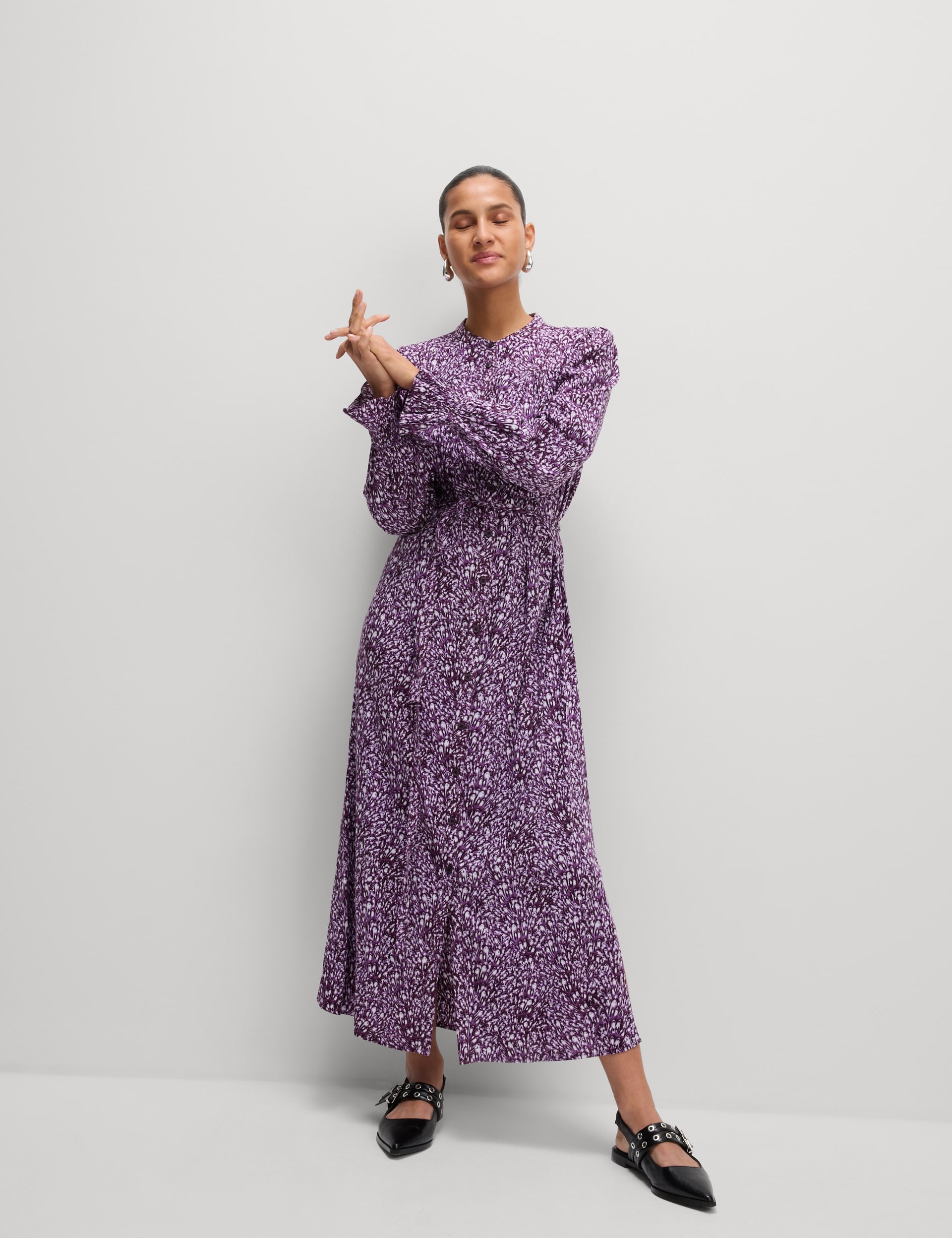 M&S Collection Women's Cotton Blend Printed Midi Waisted Dress - 12REG - Purple Mix, Purple Mix