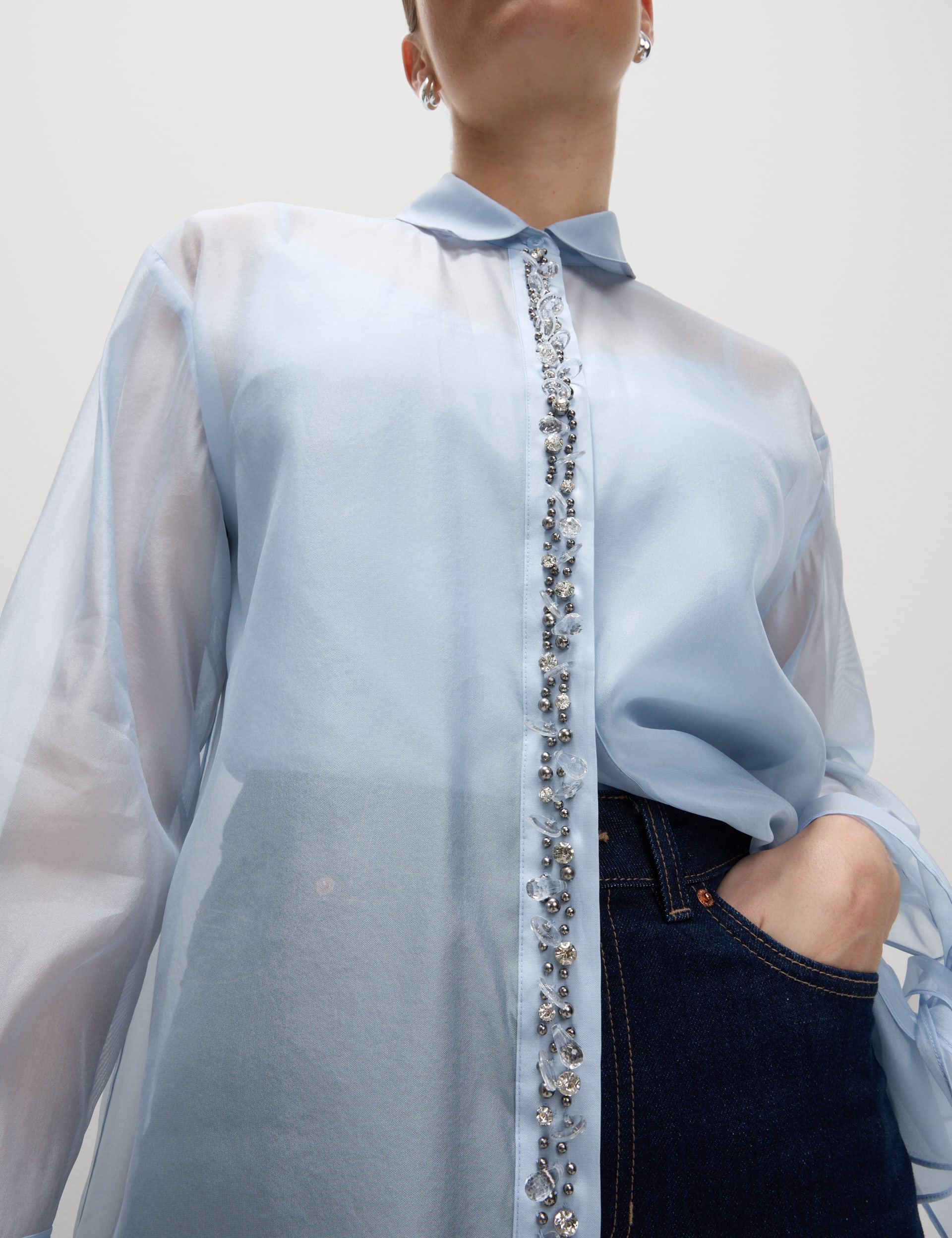 M&S Collection Women's Beaded Tie Detail Shirt - 18REG - Pale Blue, Pale Blue