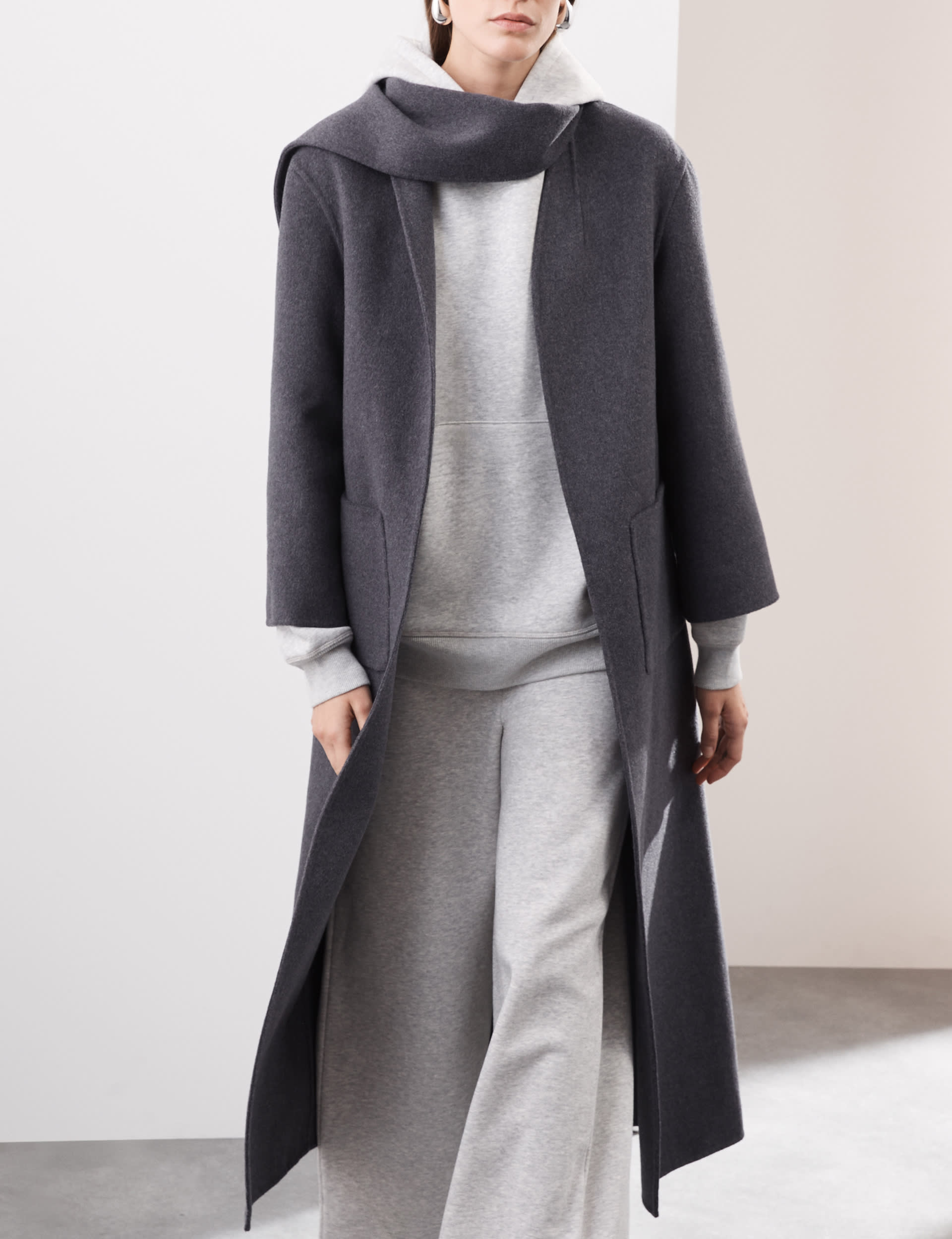 Autograph Women's Wool Blend Longline Wrap Coat With Scarf - 12 - Moondust, Moondust