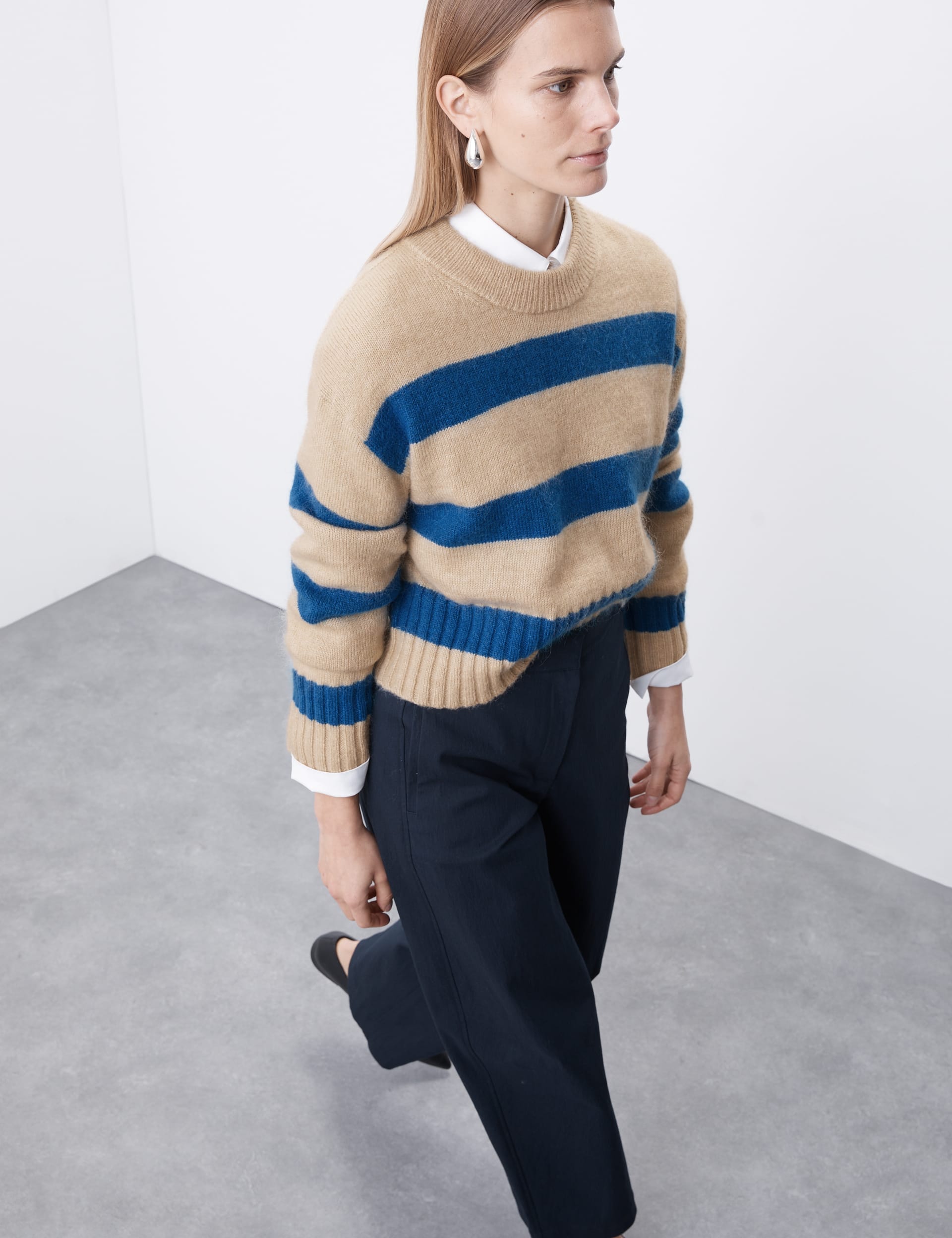 Autograph Women's Striped Ribbed Cropped Jumper with Mohair - 14 - Blue Mix, Blue Mix