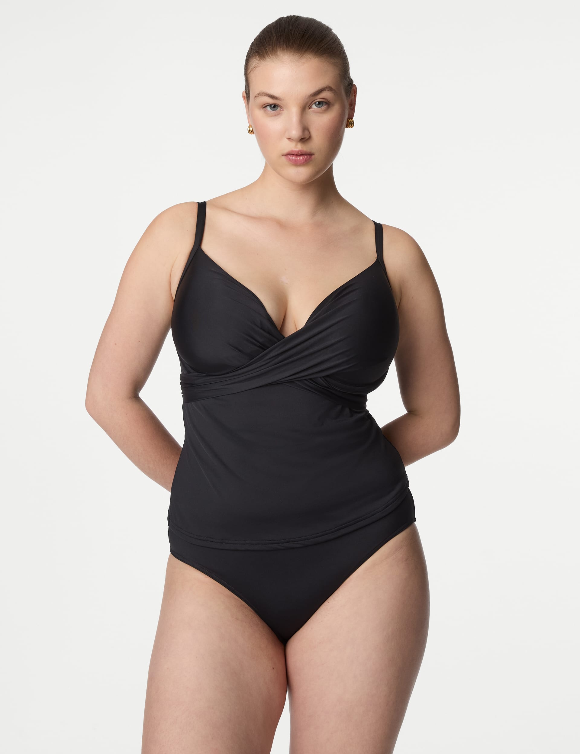 M&S Collection Women's Tummy Control Wired Plunge Tankini Top D-F - 34D - Black, Black