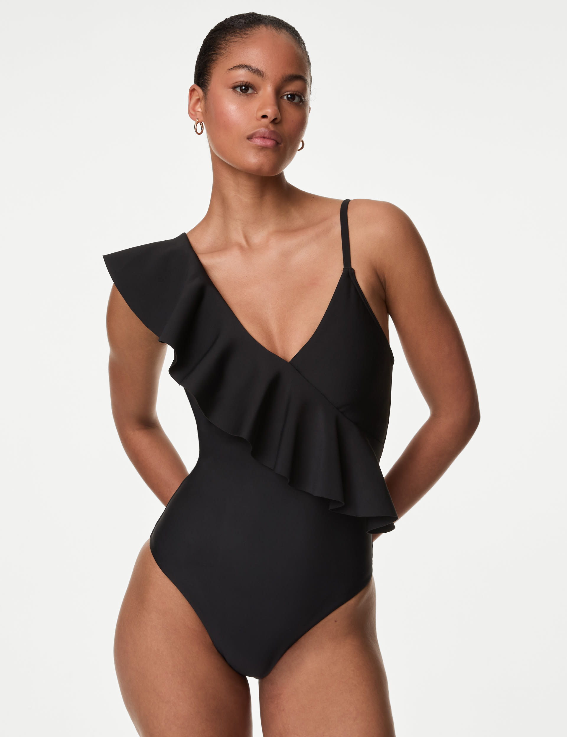 M&S Collection Women's Neoprene Padded Frill Plunge Swimsuit - 12 - Black, Black