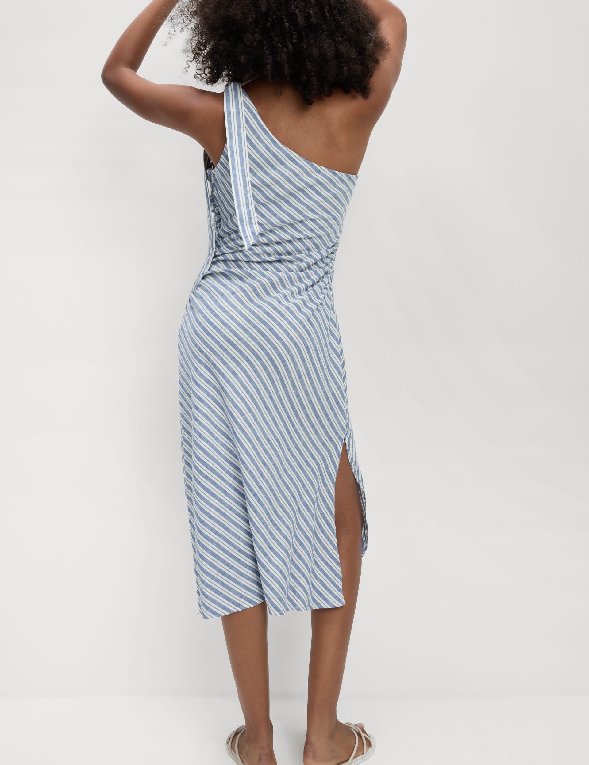 M&S Collection Women's Linen-Rich Striped Midi Shift Dress - 16REG - Blue Mix, Blue Mix