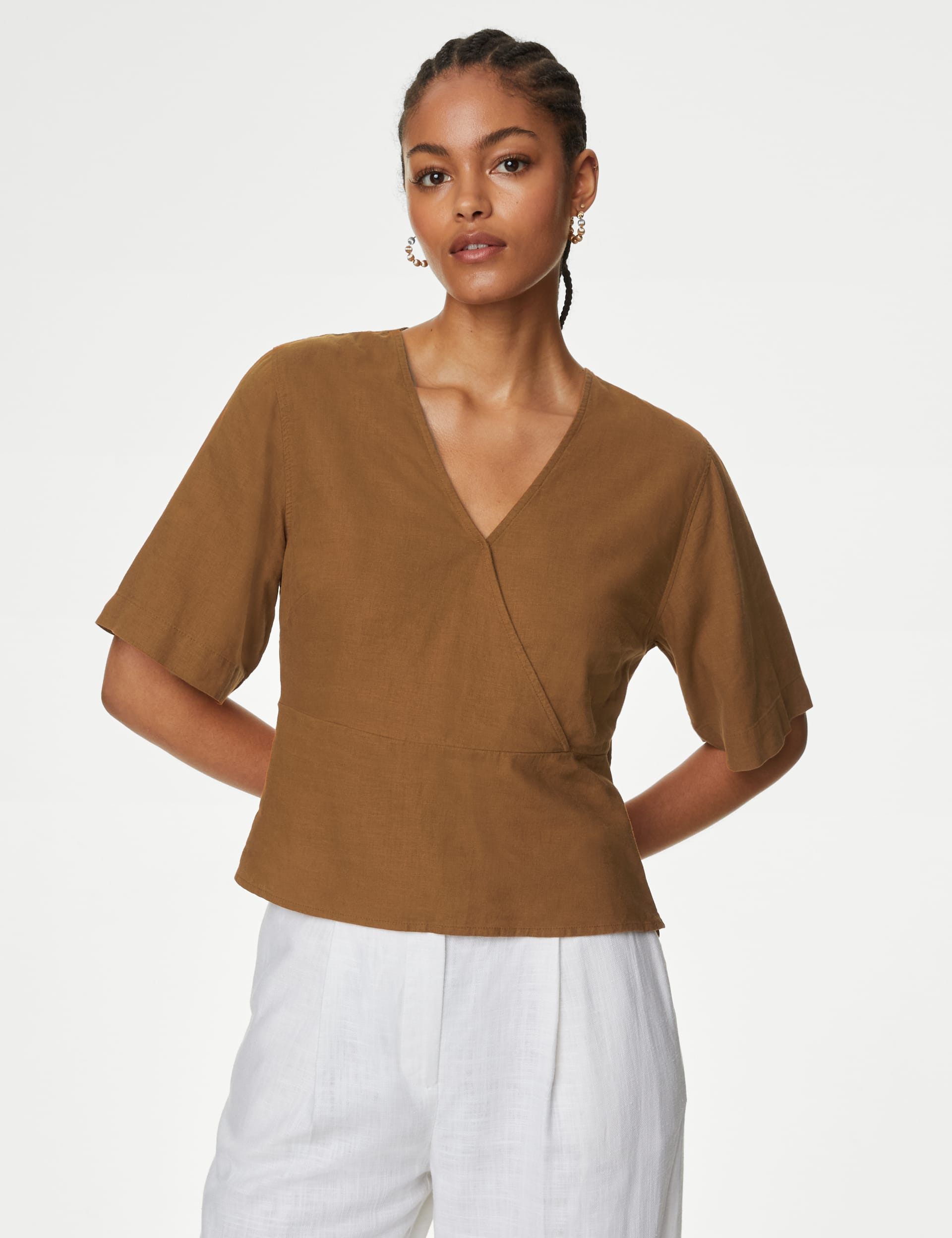 M&S Collection Women's Linen Rich V Neck Kimono Sleeve Blouse - 14 - Copper Tan, Black,Copper Tan