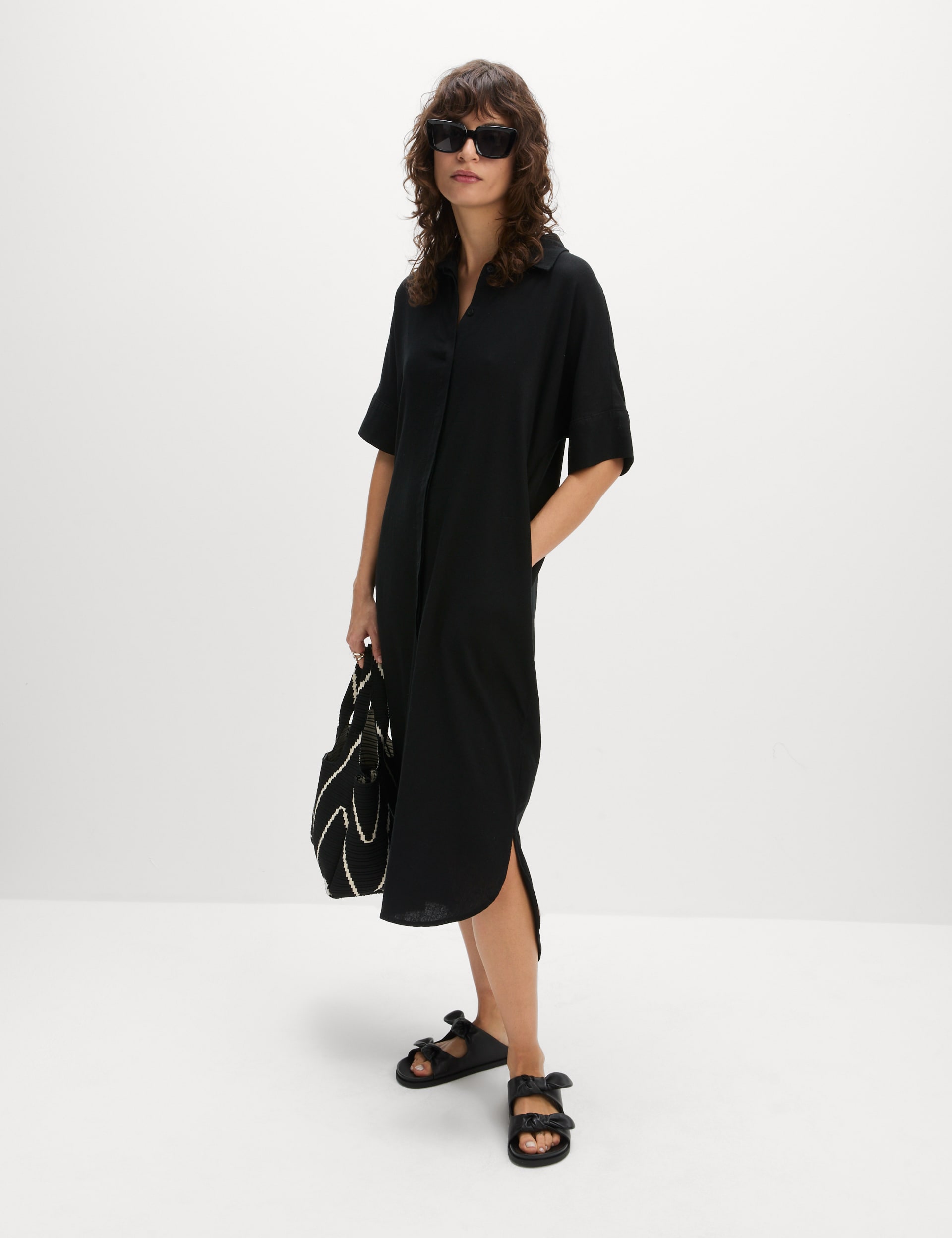 M&S Collection Women's Linen Rich Collared Midi Shirt Dress - 12REG - Black, Black