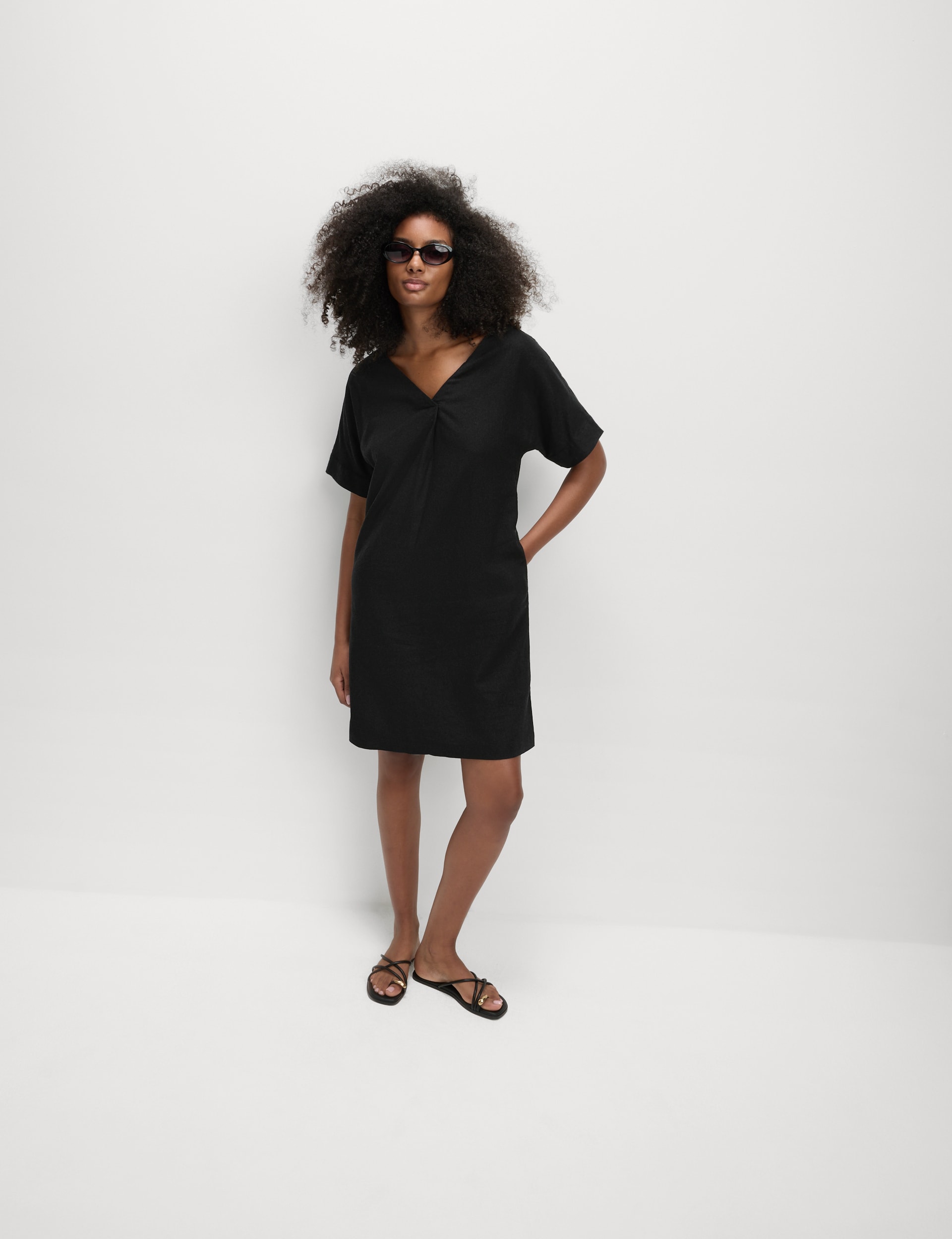 M&S Collection Women's Linen Rich V-Neck Mini Shift Dress - 14REG - Black, Kingfisher,Black